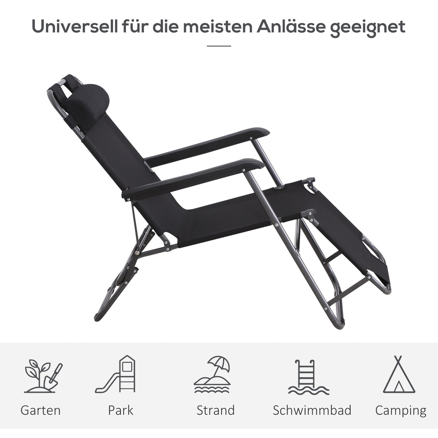 Folding sun lounger with cushion, black metal & Oxford fabric