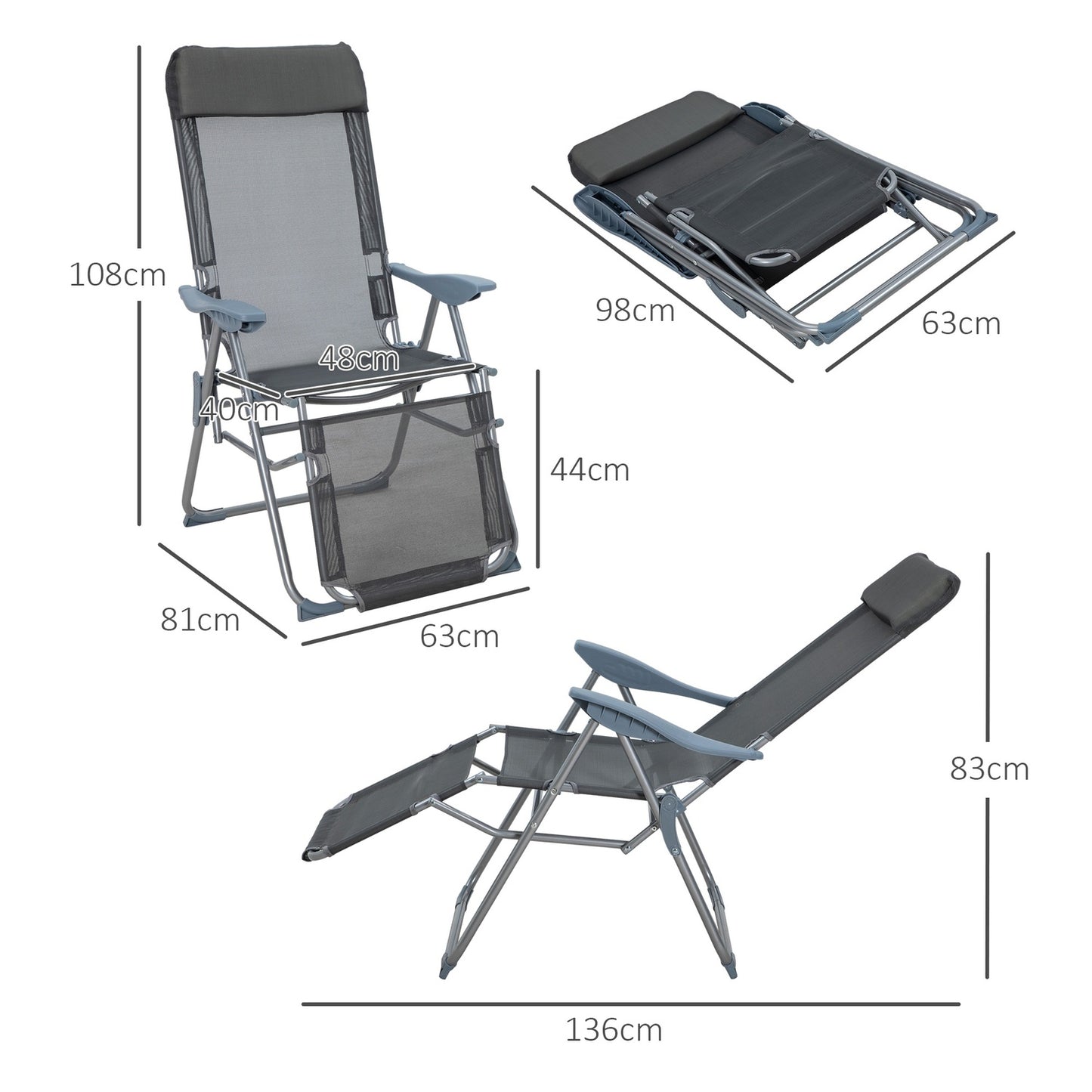 Folding garden chair, adjustable backrest, gray mesh
