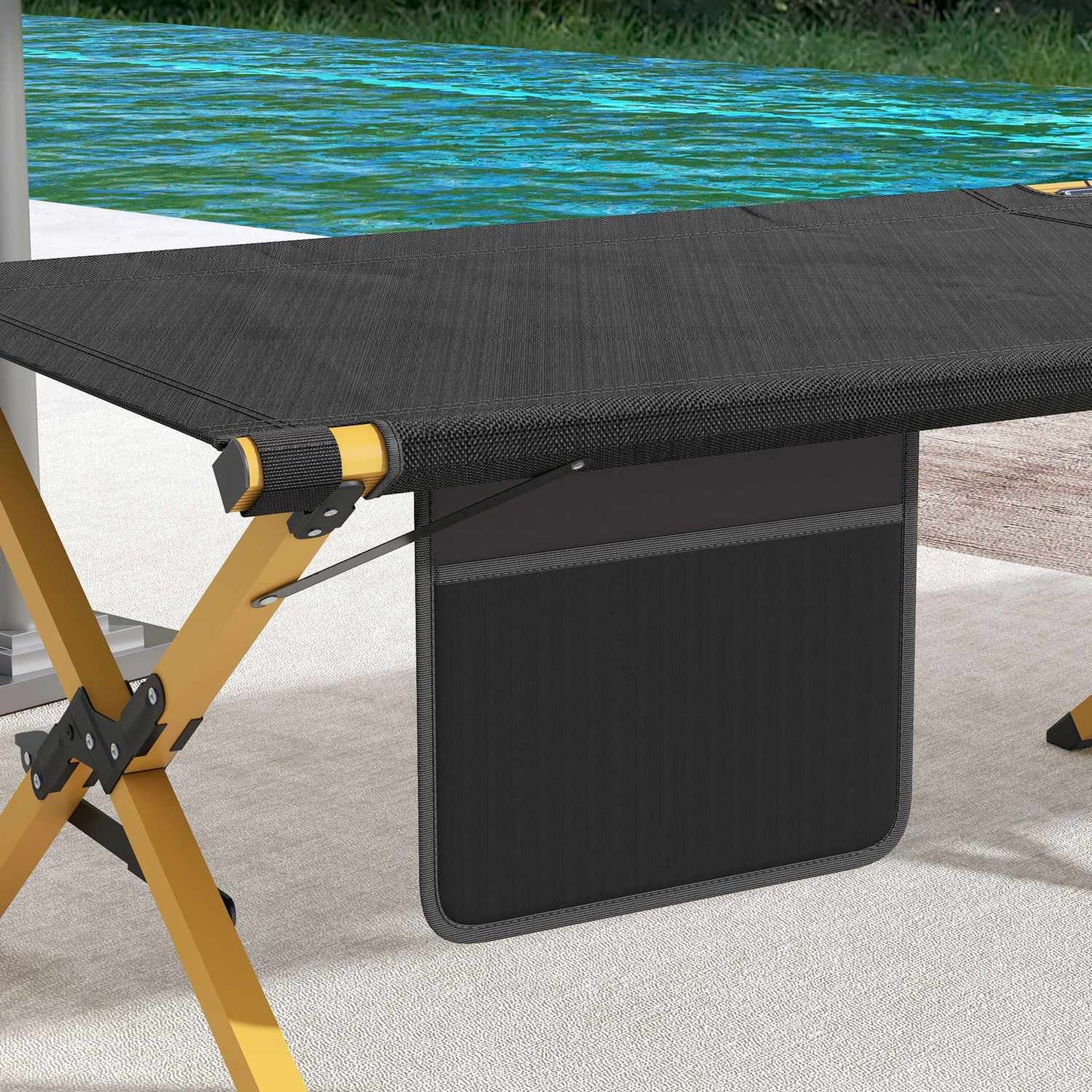 Folding sun lounger, black Oxford, with side pocket