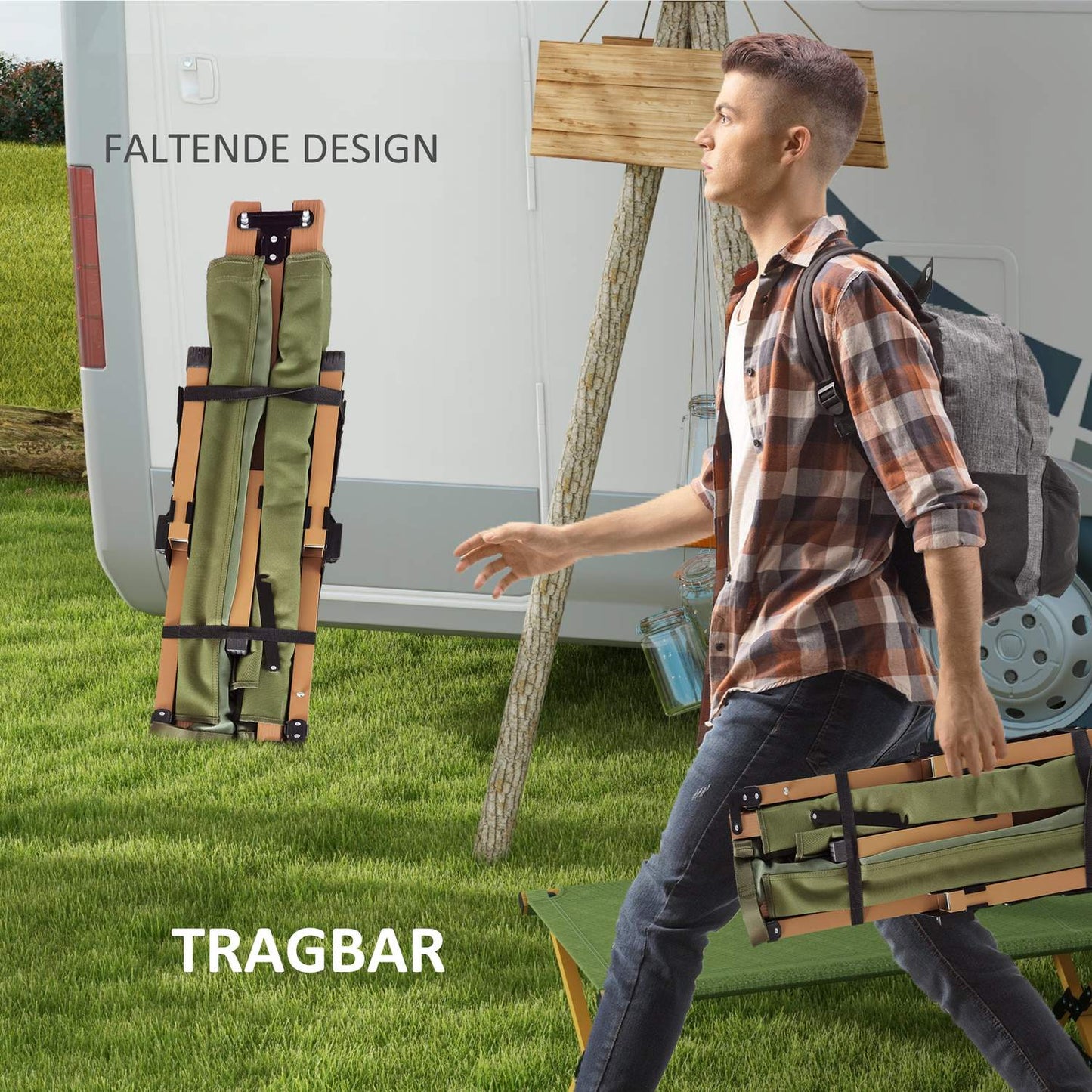 Folding sun lounger with side pocket, dark green