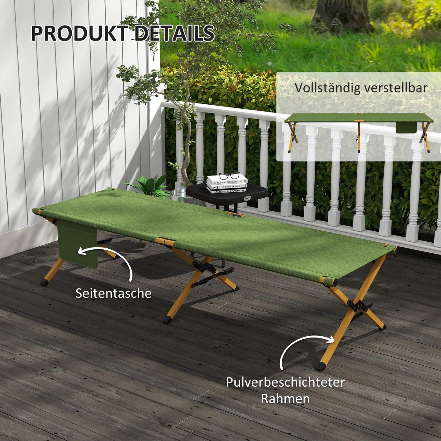 Folding sun lounger with side pocket, dark green