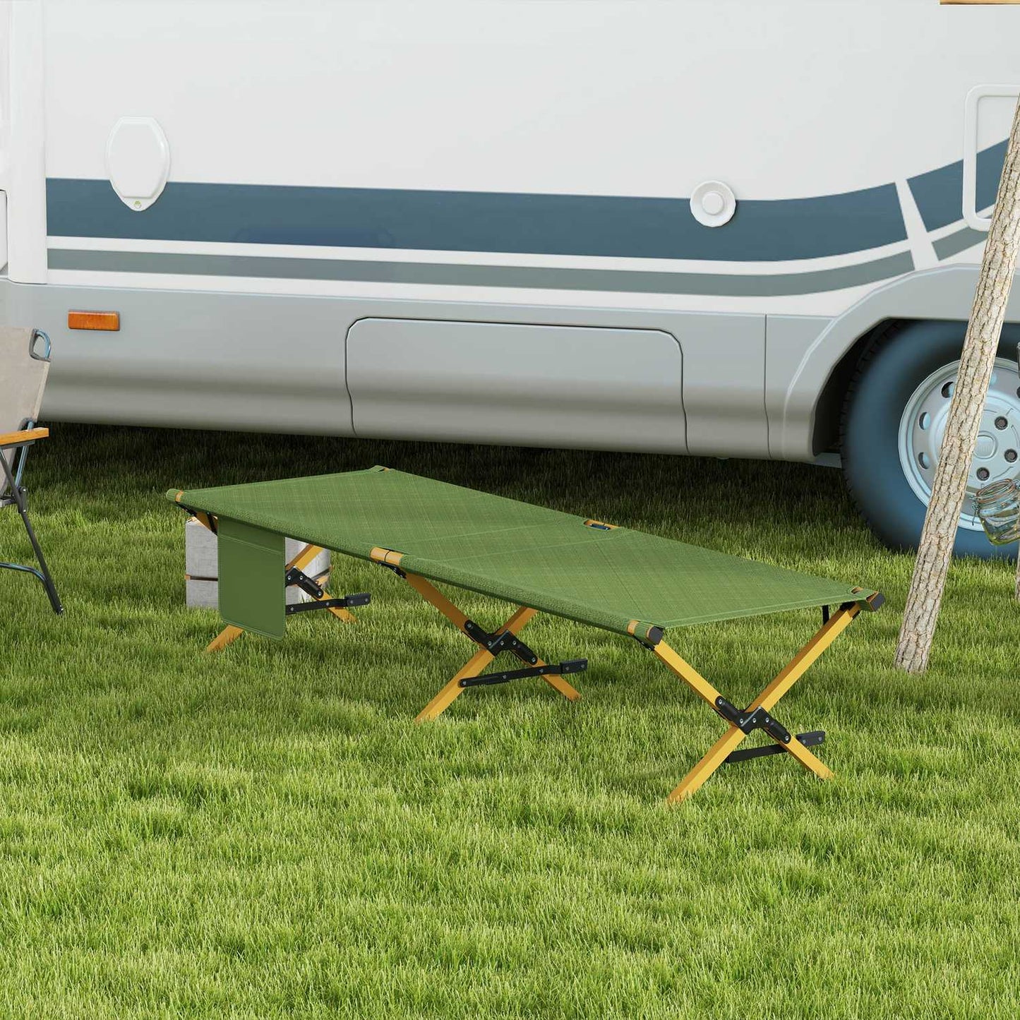 Folding sun lounger with side pocket, dark green
