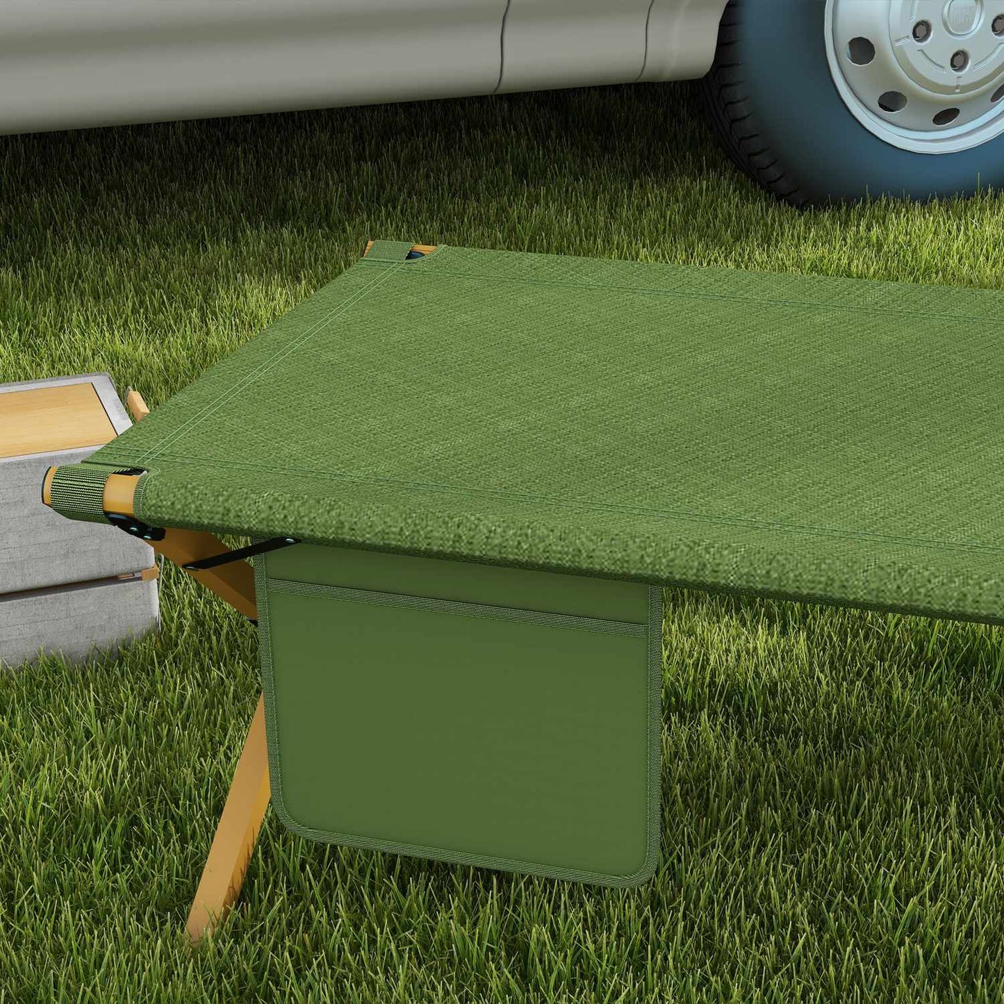 Folding sun lounger with side pocket, dark green