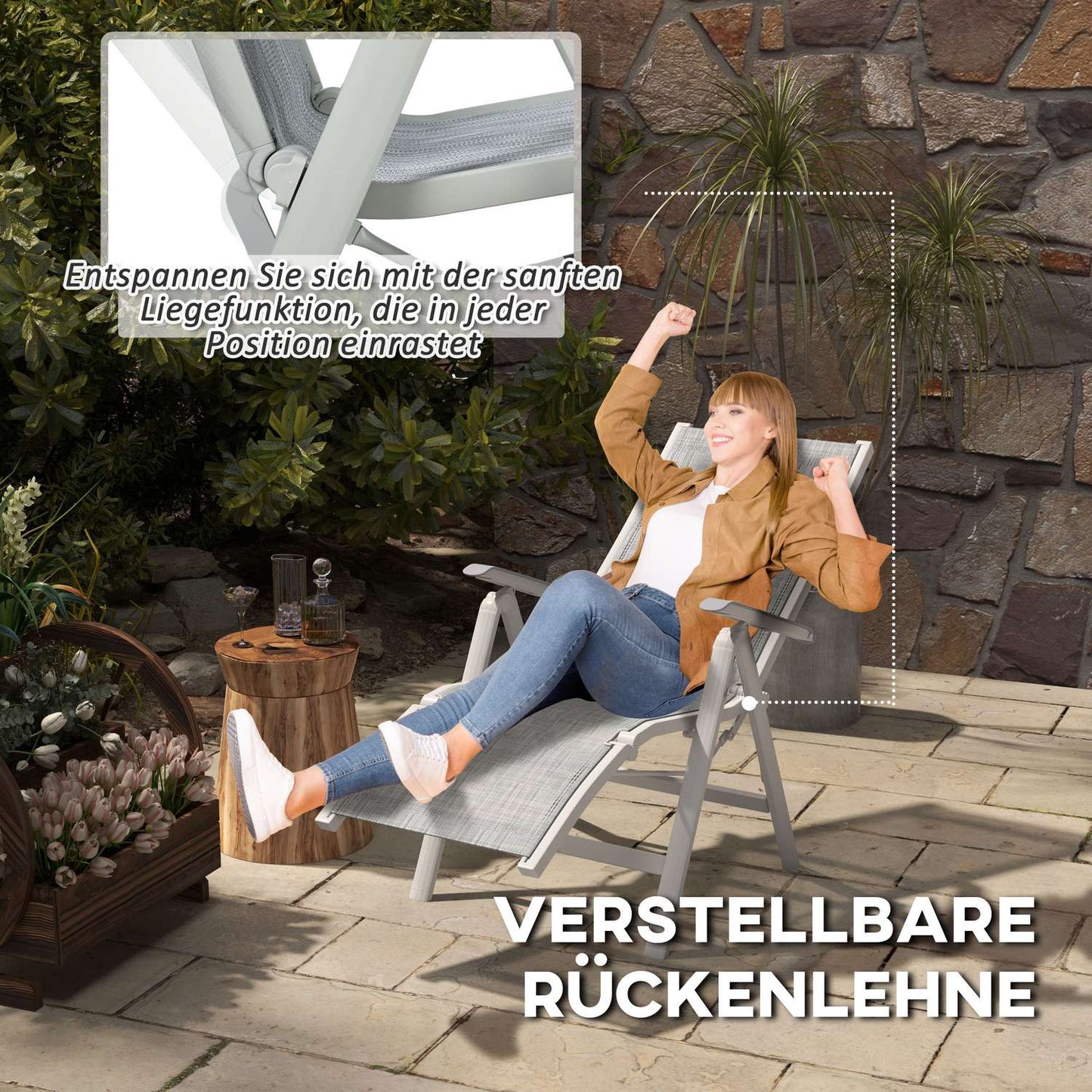 Folding sun lounger - adjustable garden chair, dark grey