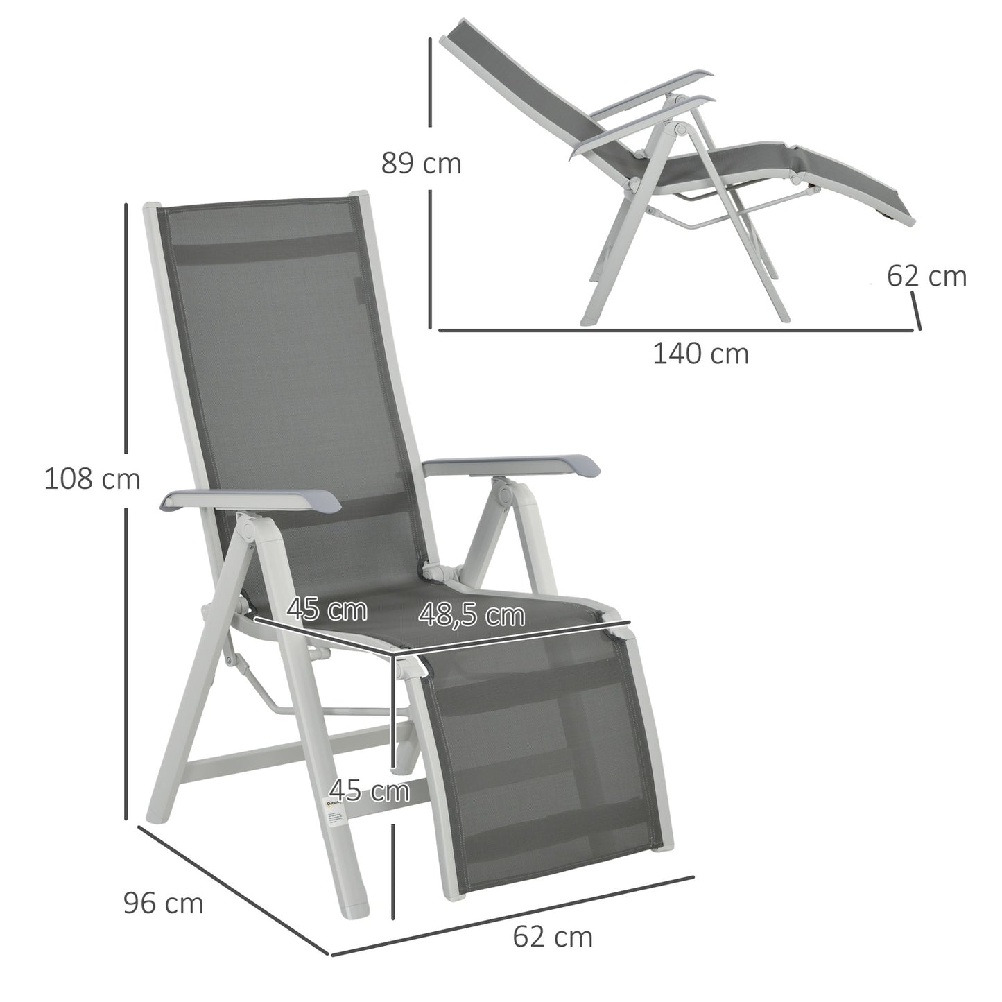 Folding sun lounger - adjustable foot and backrest, gray