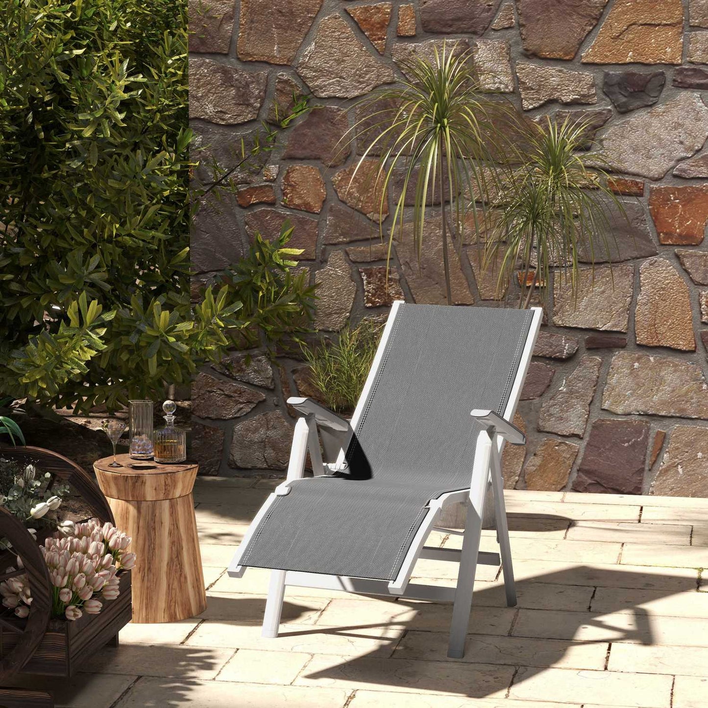 Folding sun lounger - adjustable foot and backrest, gray