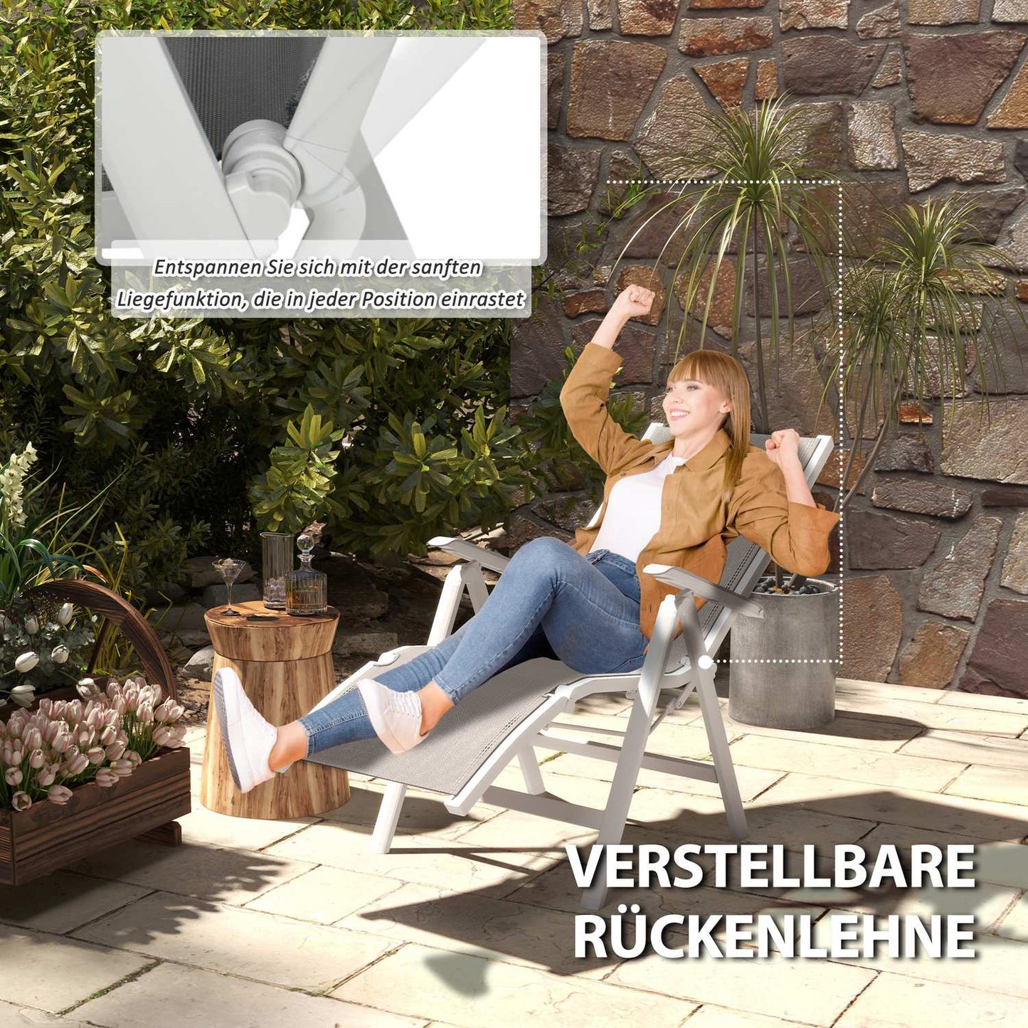 Folding sun lounger - adjustable foot and backrest, gray