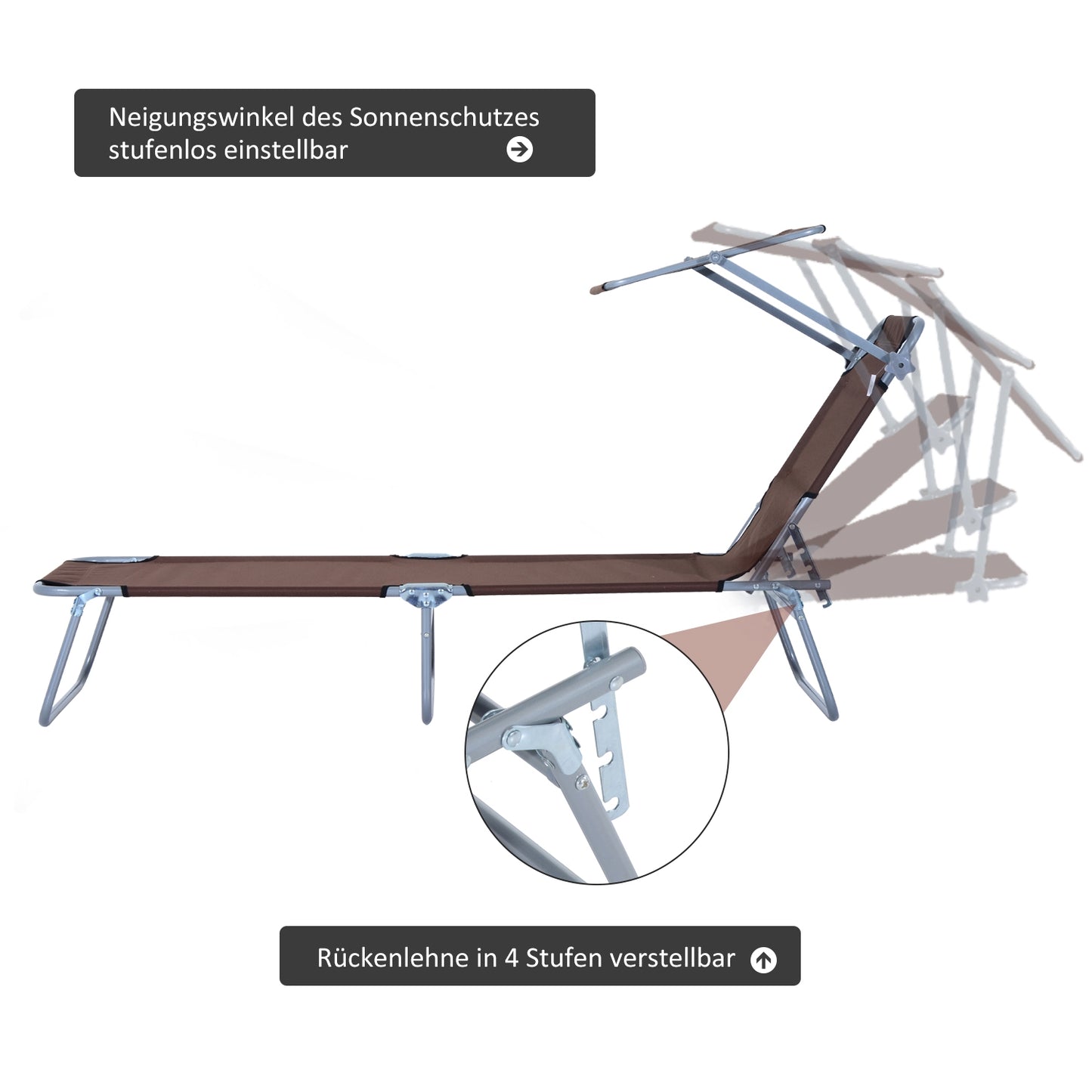 Folding deckchair with sunshade, brown, 187x58x36 cm