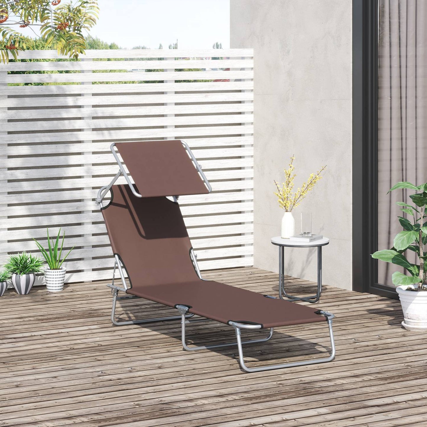 Folding deckchair with sunshade, brown, 187x58x36 cm