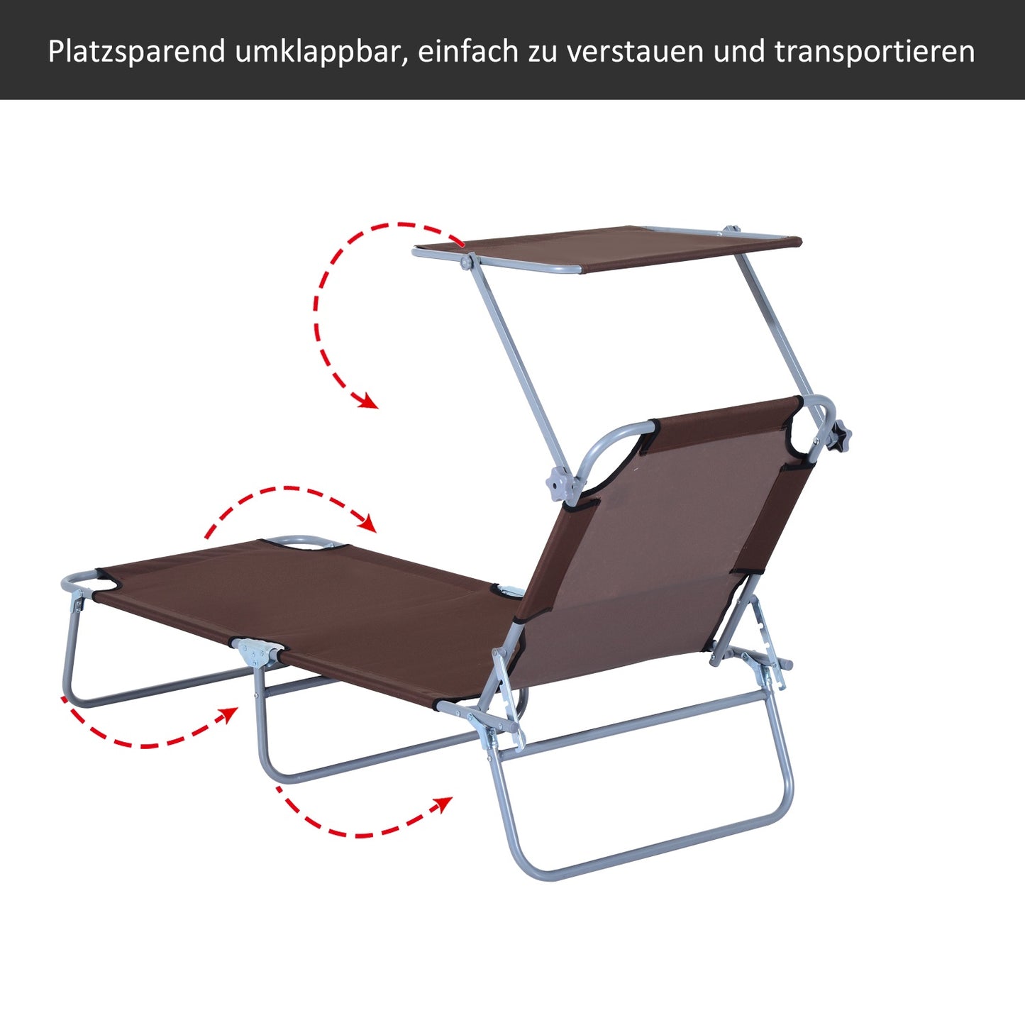 Folding deckchair with sunshade, brown, 187x58x36 cm