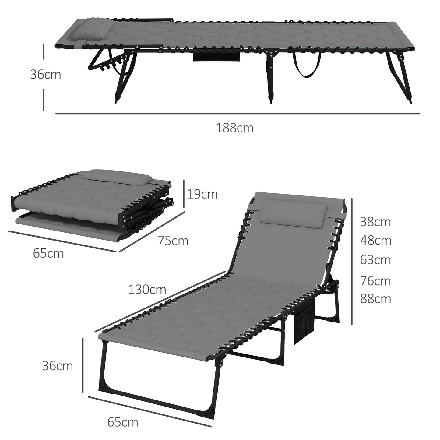 Folding sun lounger, adjustable backrest, cushion, grey
