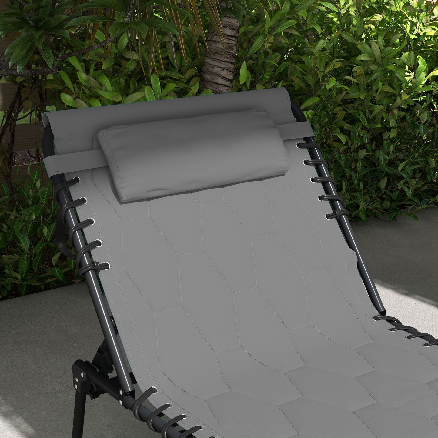 Folding sun lounger, adjustable backrest, cushion, grey