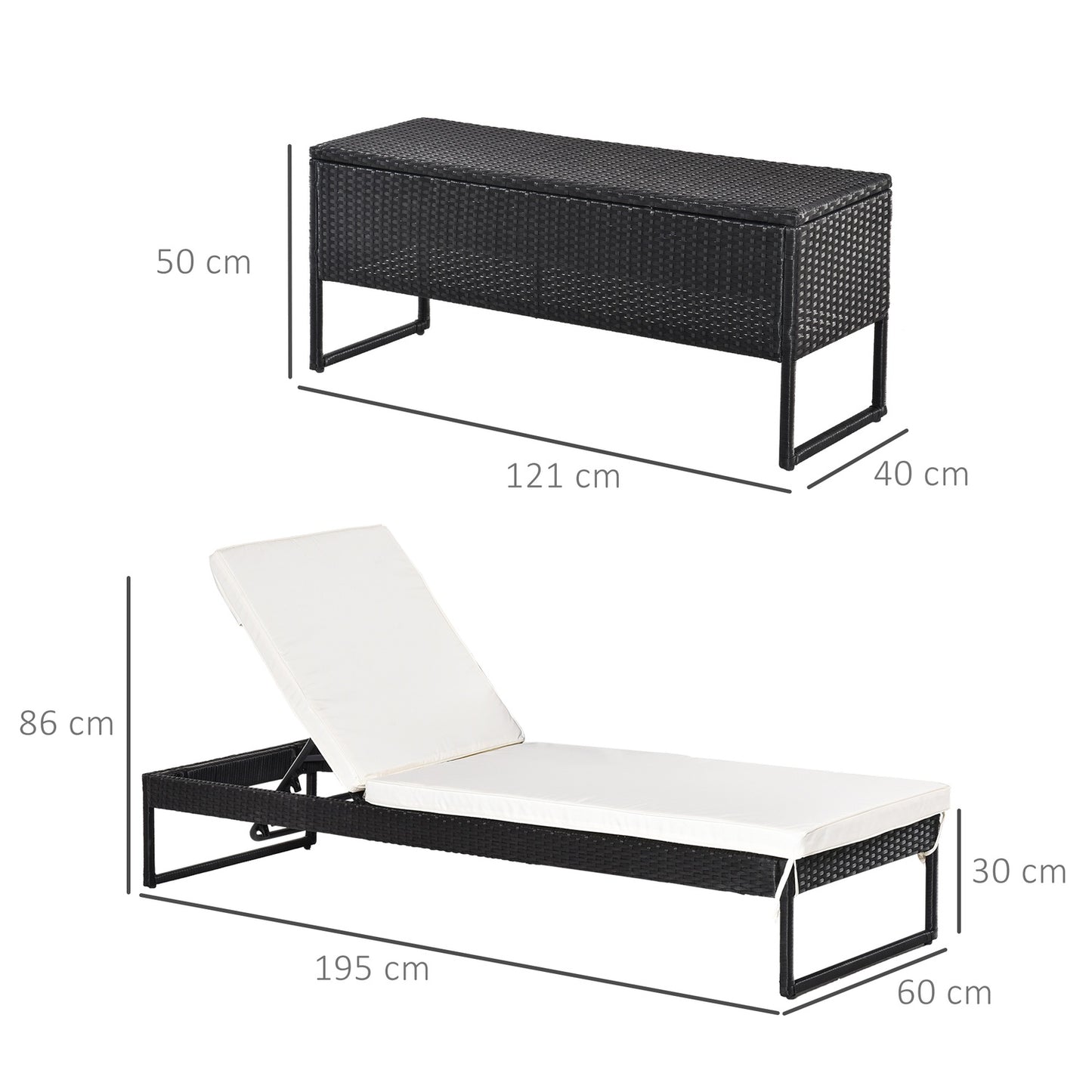 Adjustable sun lounger set: 3-piece, rattan & polyester, black/cream