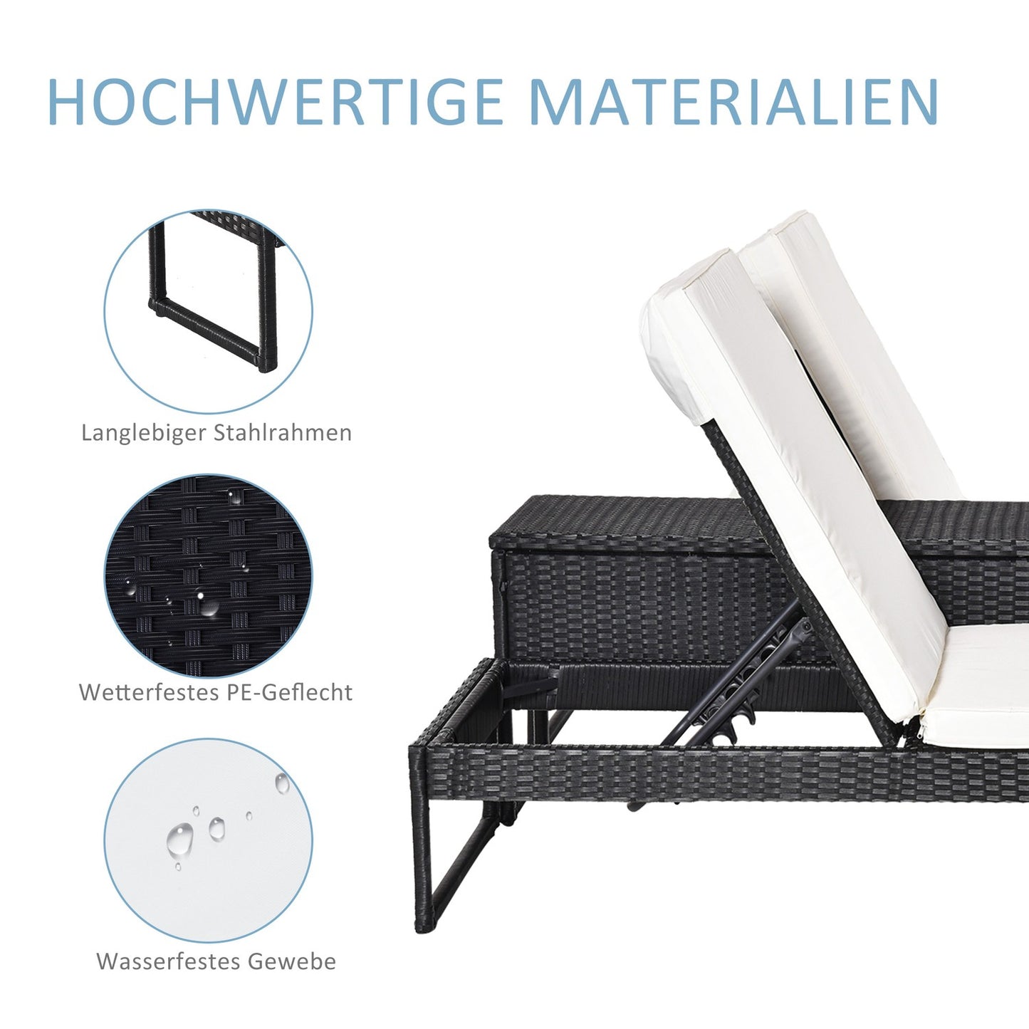 Adjustable 3-piece sun lounger set with table - rattan & metal