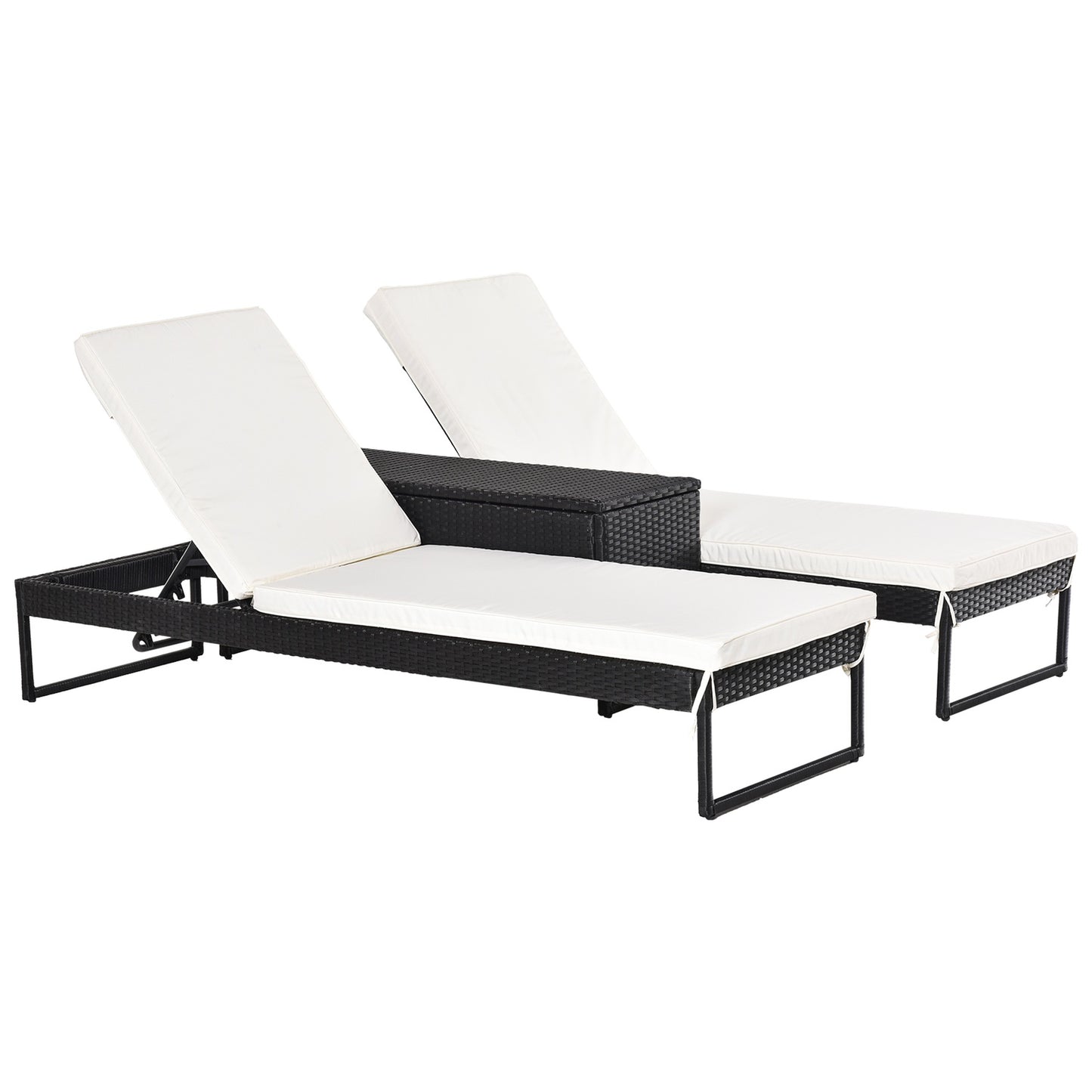 Adjustable sun lounger set: 3-piece, rattan & polyester, black/cream