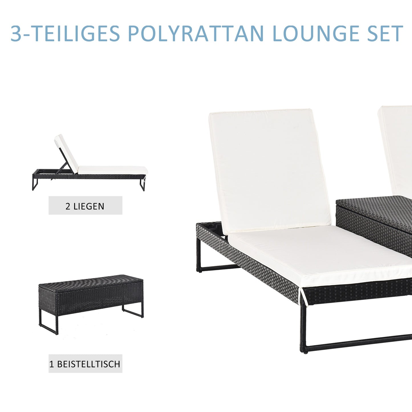 Adjustable sun lounger set: 3-piece, rattan & polyester, black/cream