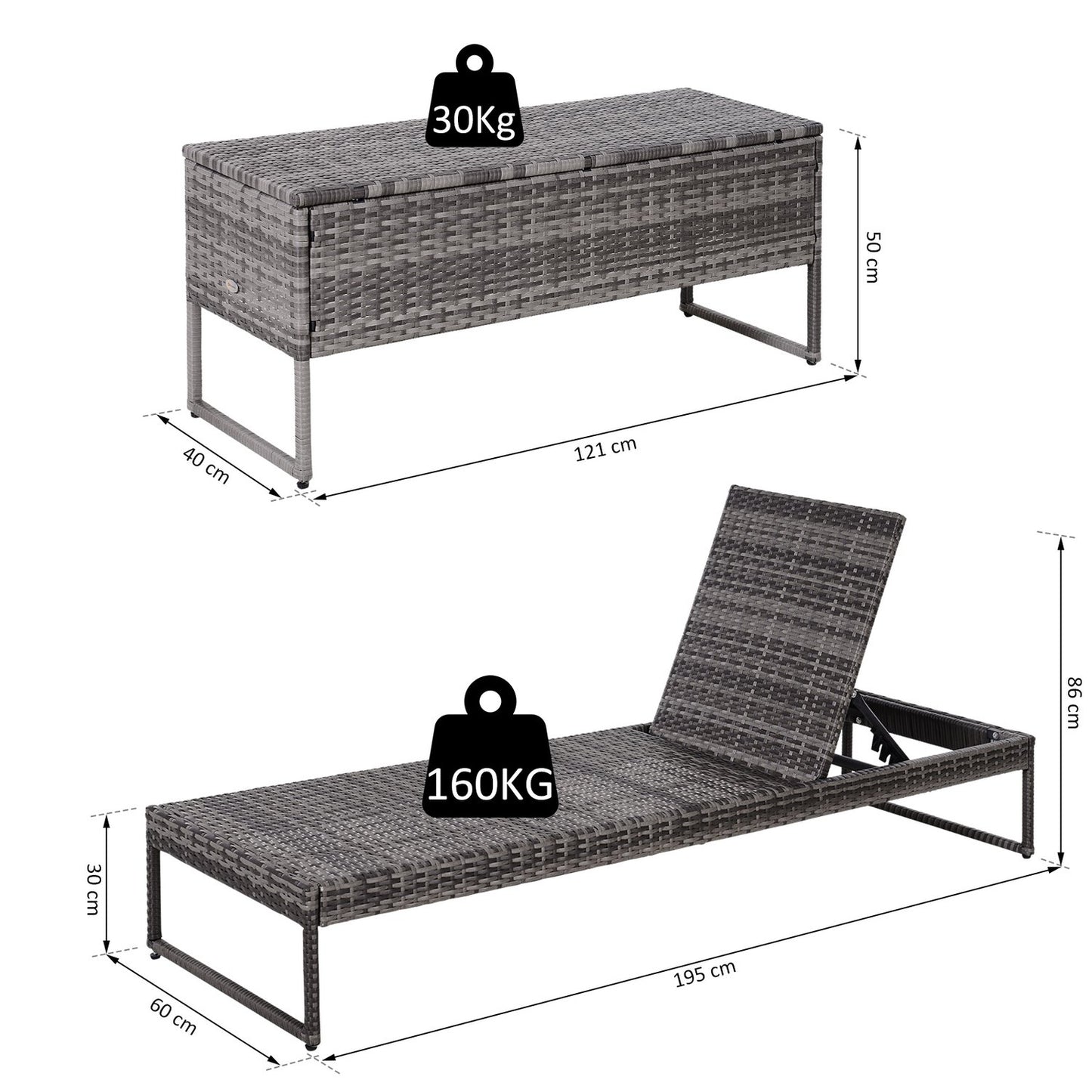 Sun lounger set, 3-piece - adjustable, gray rattan