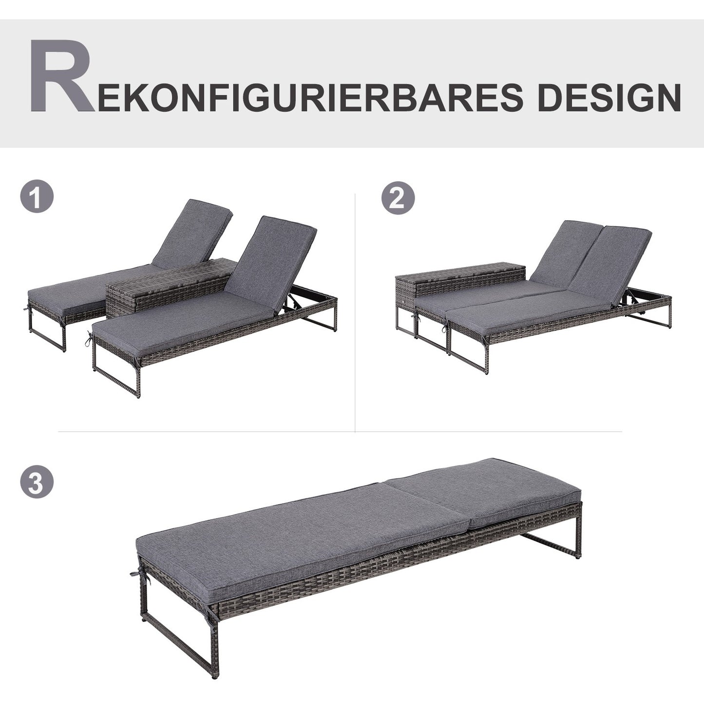 Sun lounger set, 3-piece - adjustable, gray rattan