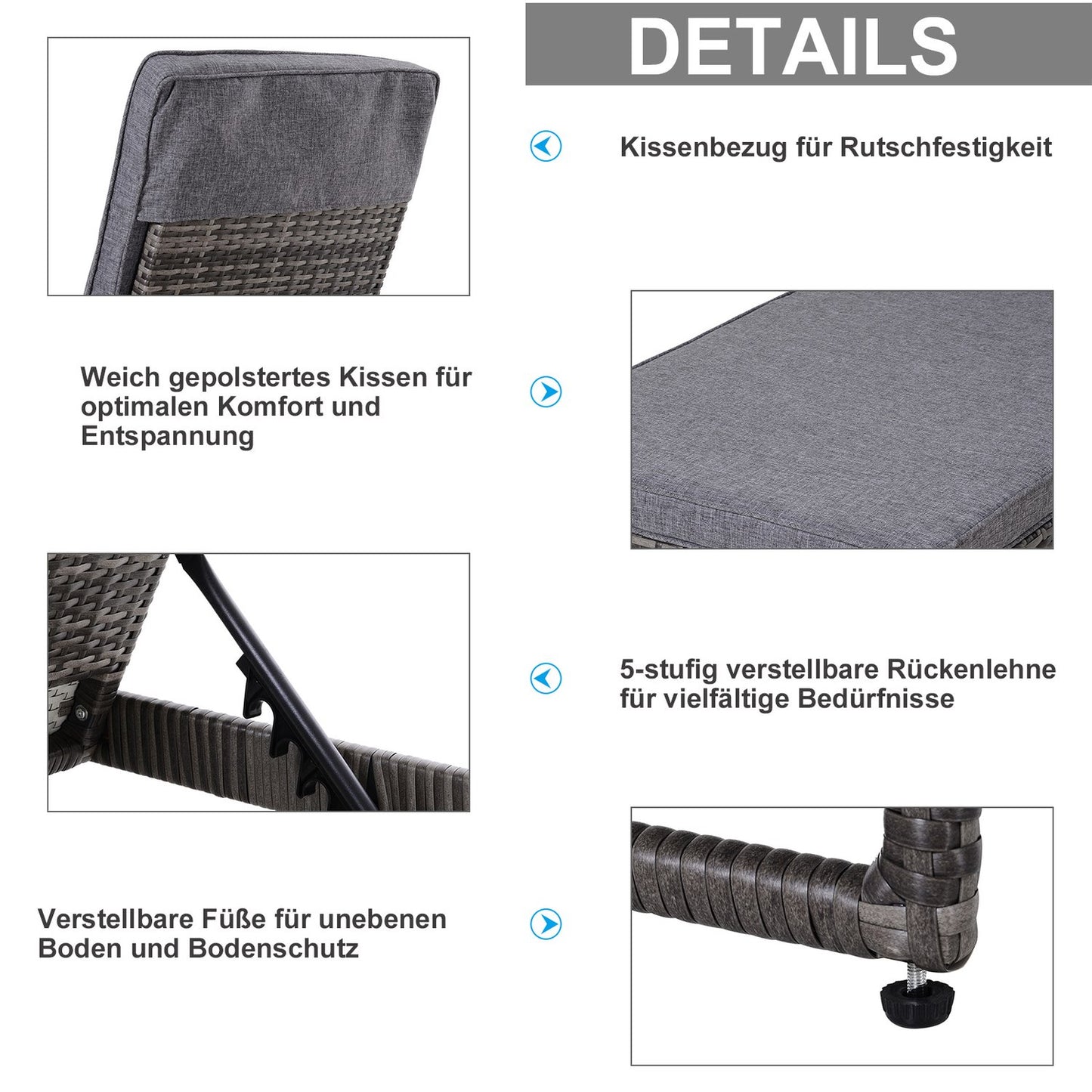 Sun lounger set, 3-piece - adjustable, gray rattan