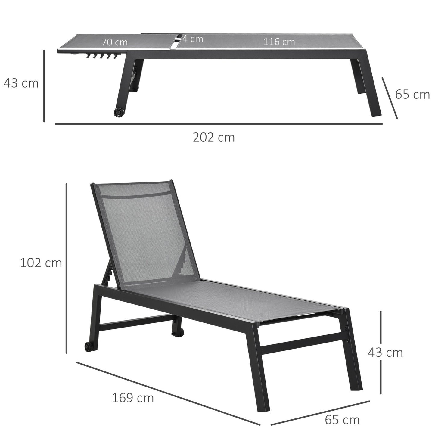 Sun lounger in aluminum with adjustable backrest, Gray 169x65 Cm