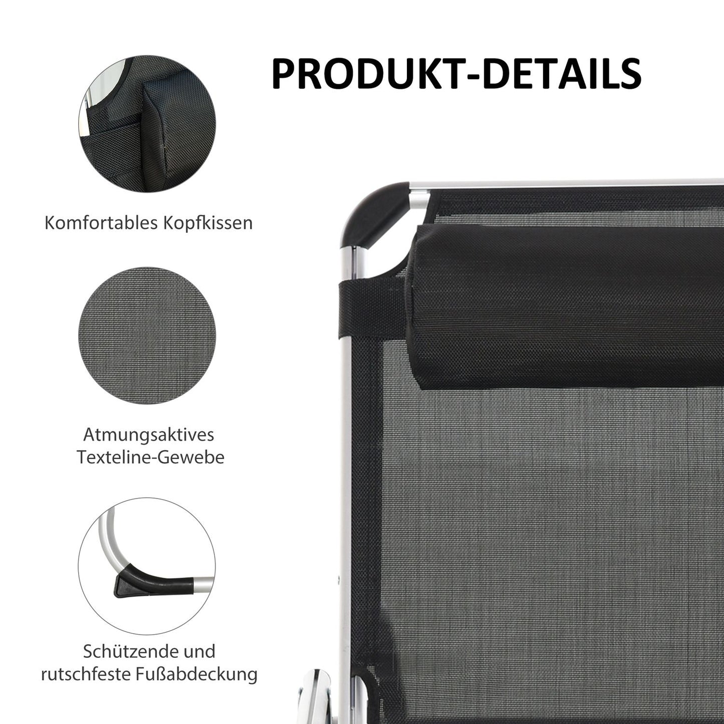 Adjustable sun lounger in black mesh, ergonomic and foldable