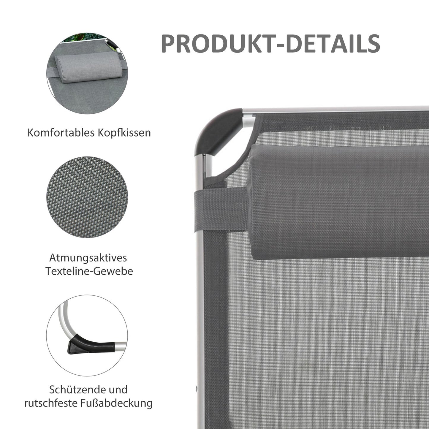 Adjustable sun lounger in gray mesh, foldable and ergonomic