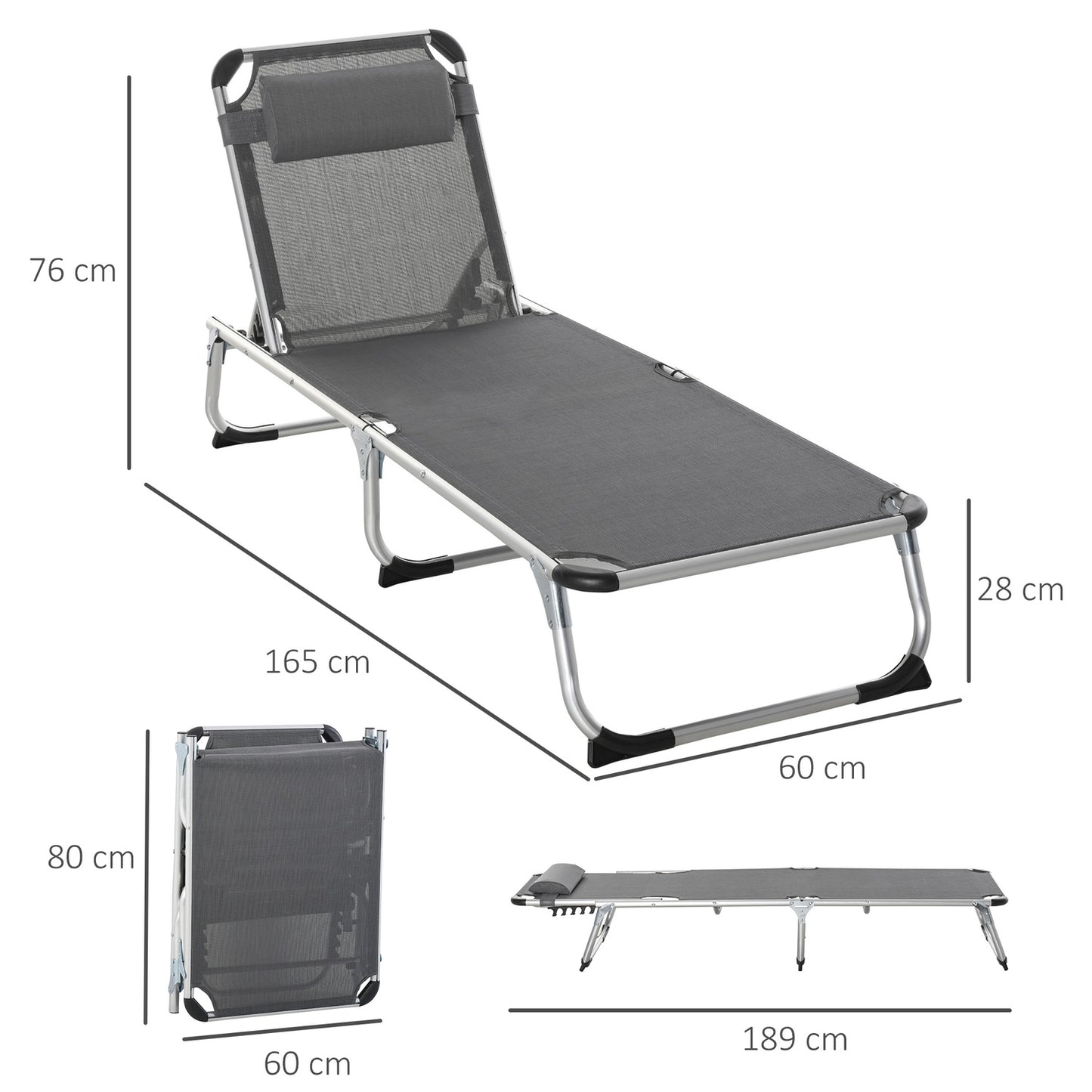 Adjustable sun lounger in gray mesh, foldable and ergonomic