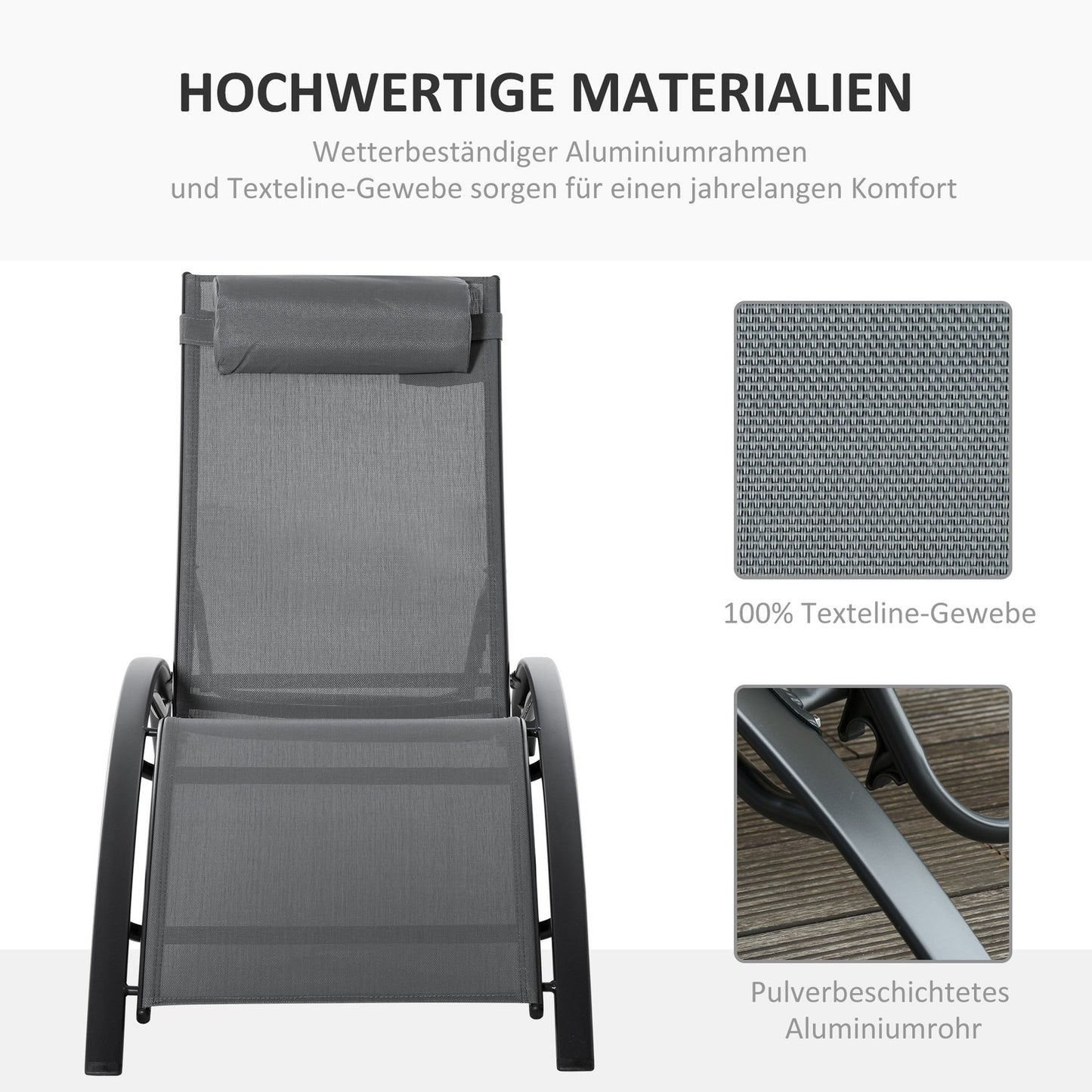 Adjustable sun lounger in aluminium, gray - 171x64x82 Cm