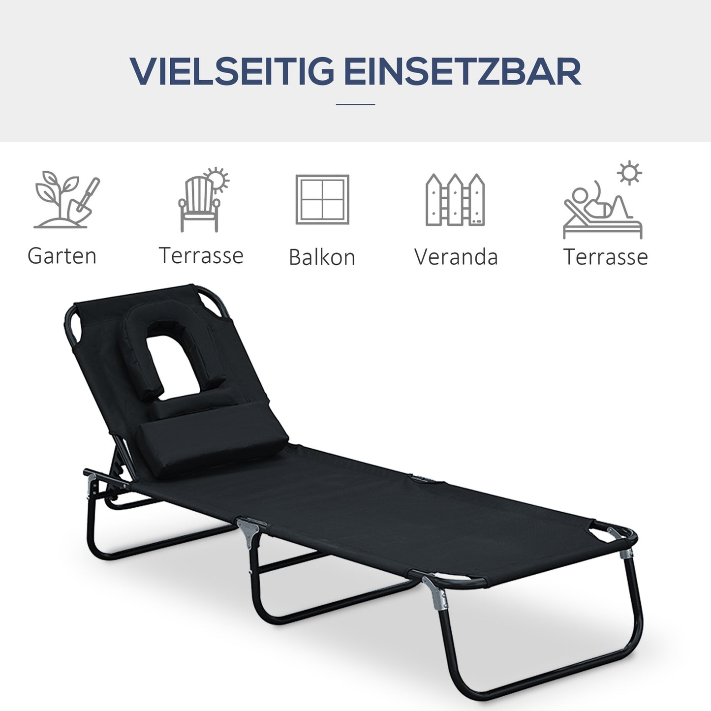 Black sun lounger with face opening for relaxation