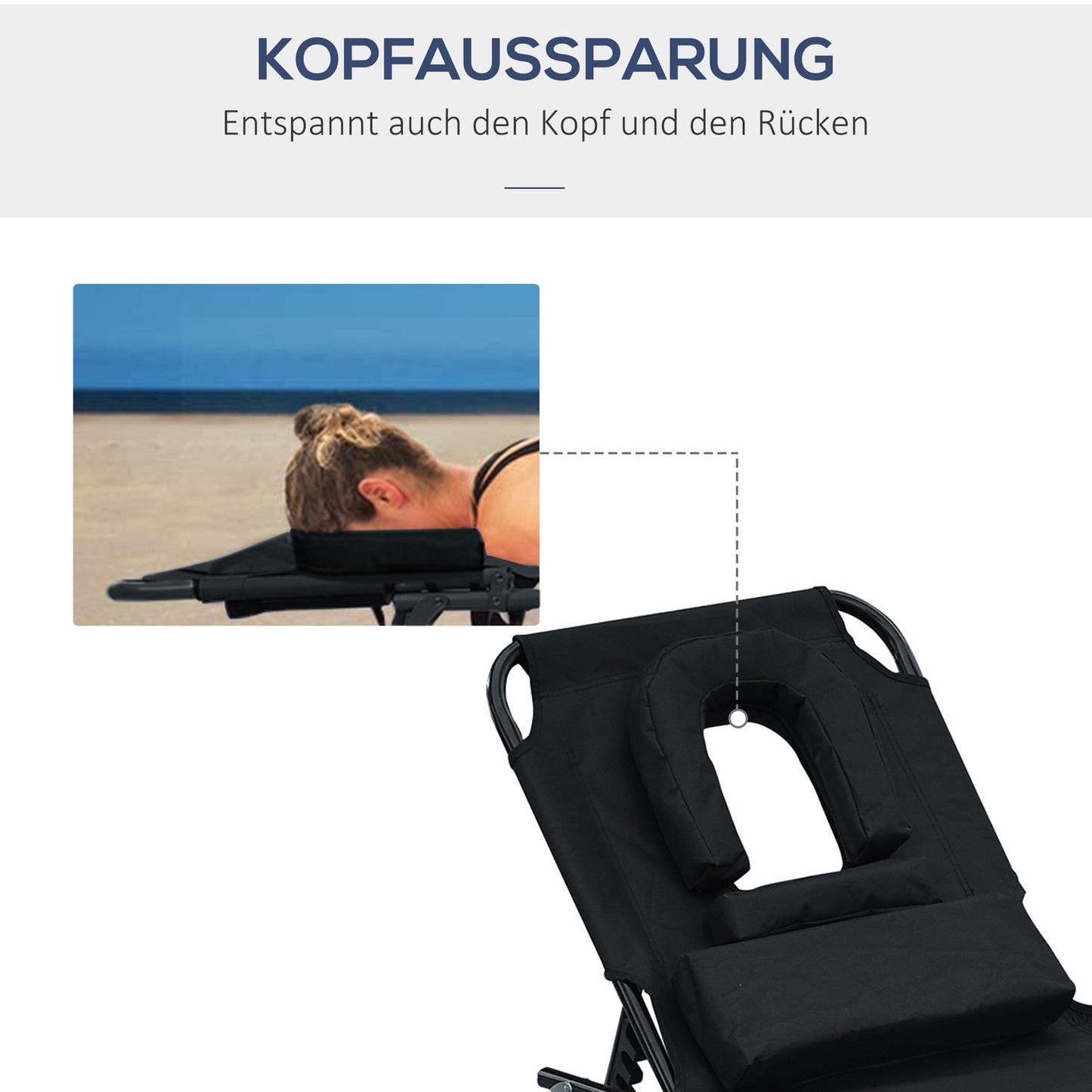 Black sun lounger with face opening for relaxation