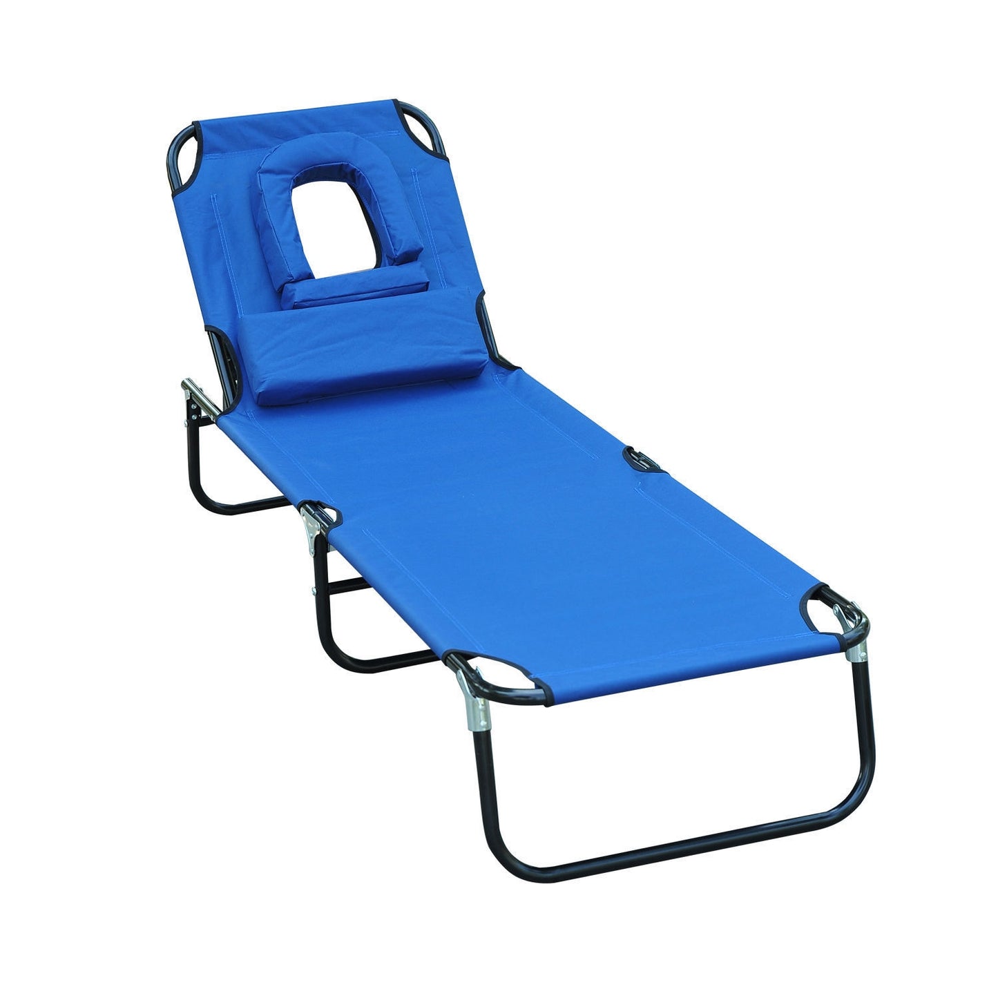 Blue garden sun lounger with face opening for relaxation