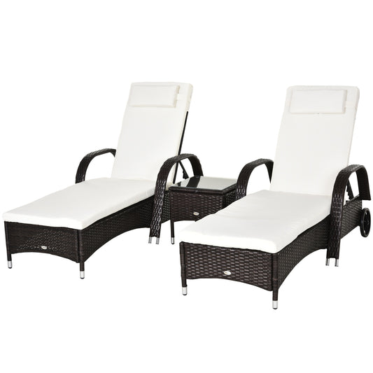 Sun lounger & table set in poly rattan, brown/creamy white