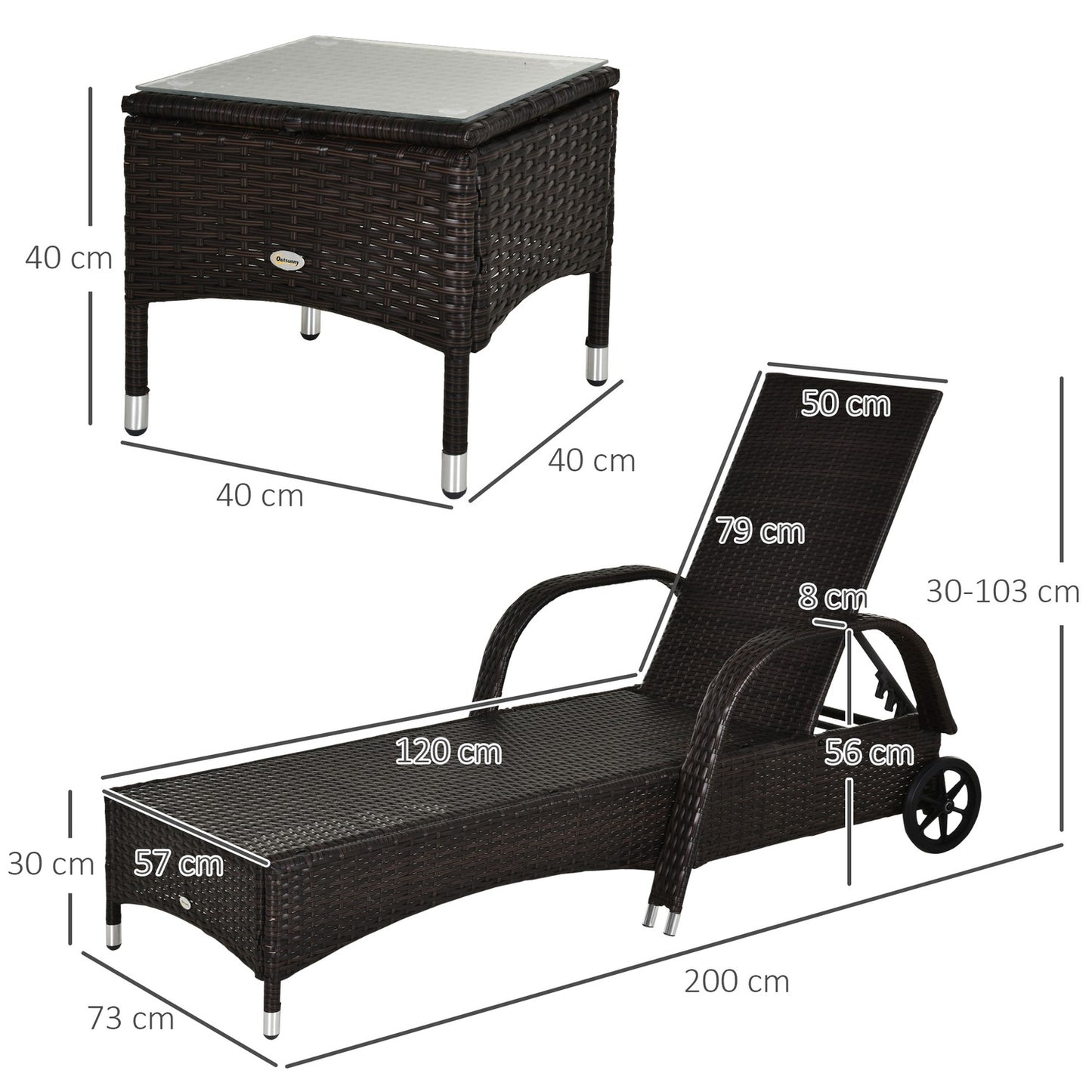 Sun lounger & table set in poly rattan, brown/creamy white
