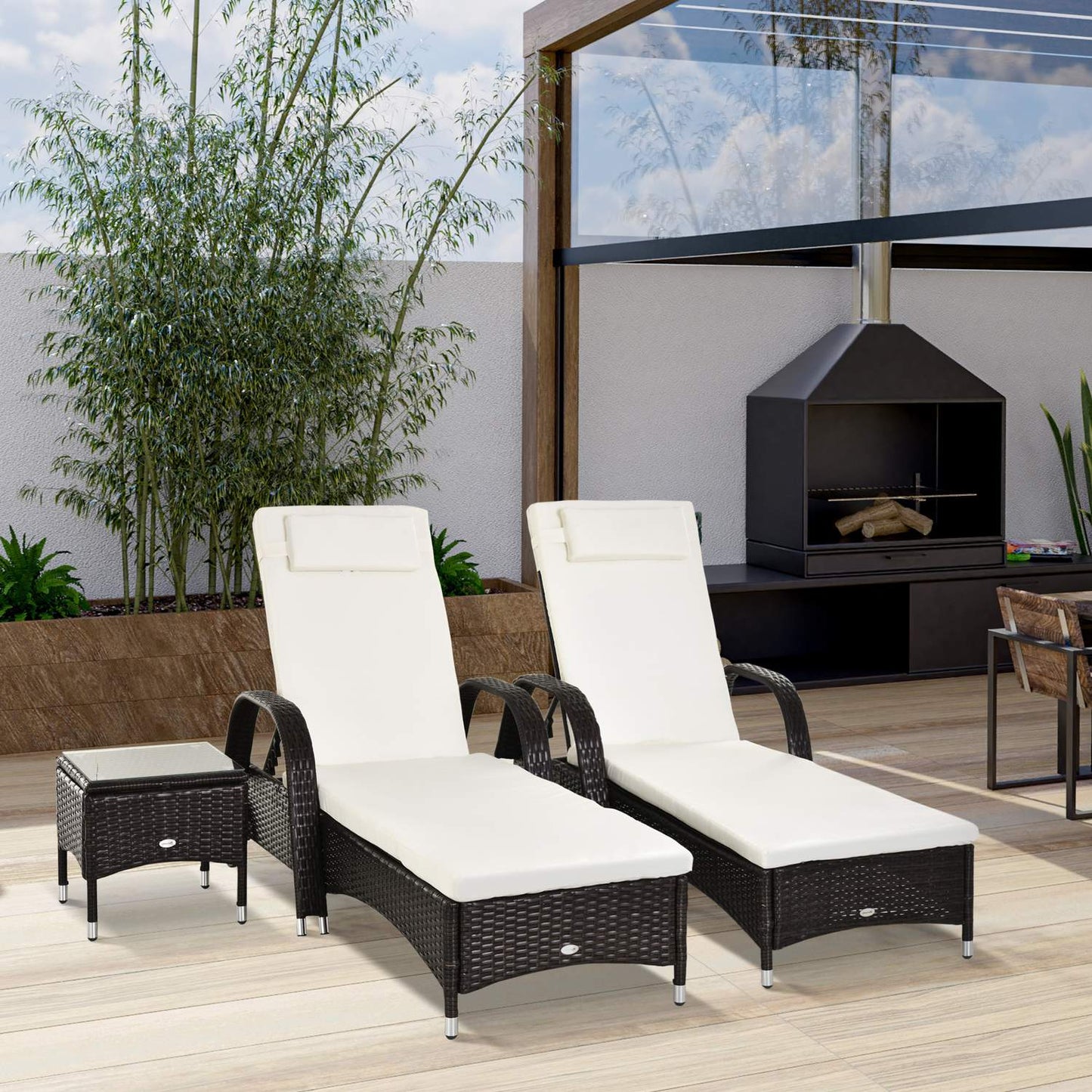 Sun lounger & table set in poly rattan, brown/creamy white