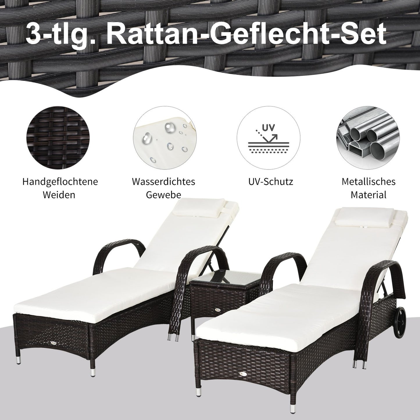 Sun lounger & table set in poly rattan, brown/creamy white
