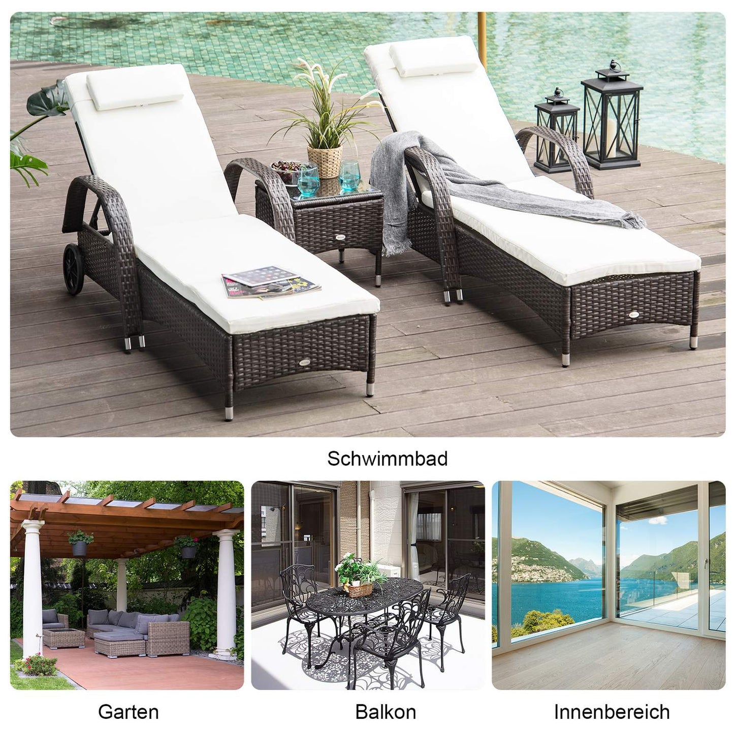 Sun lounger & table set in poly rattan, brown/creamy white