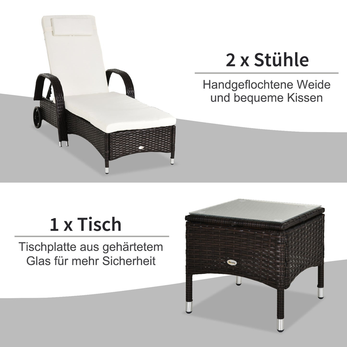 Sun lounger & table set in poly rattan, brown/creamy white