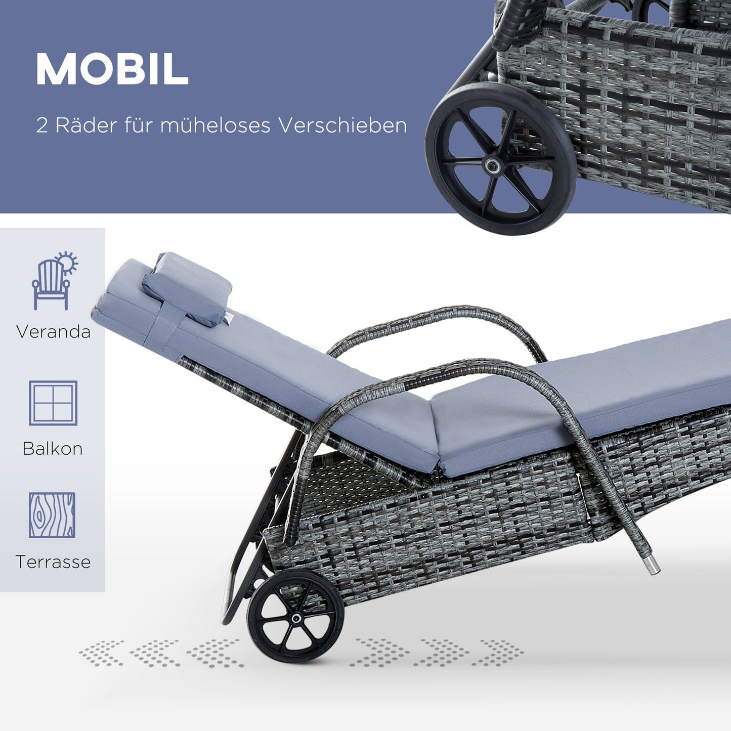 Outdoor sun lounger set, 3-piece, gray poly rattan & metal