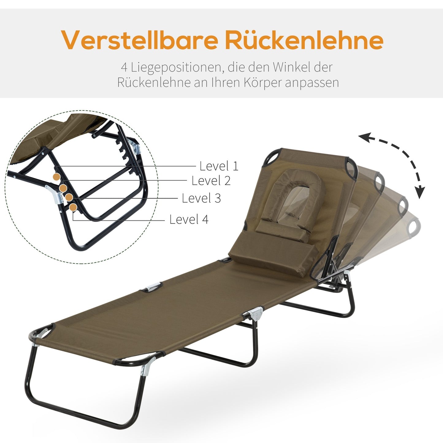 Sun lounger with reading window and face opening, brown