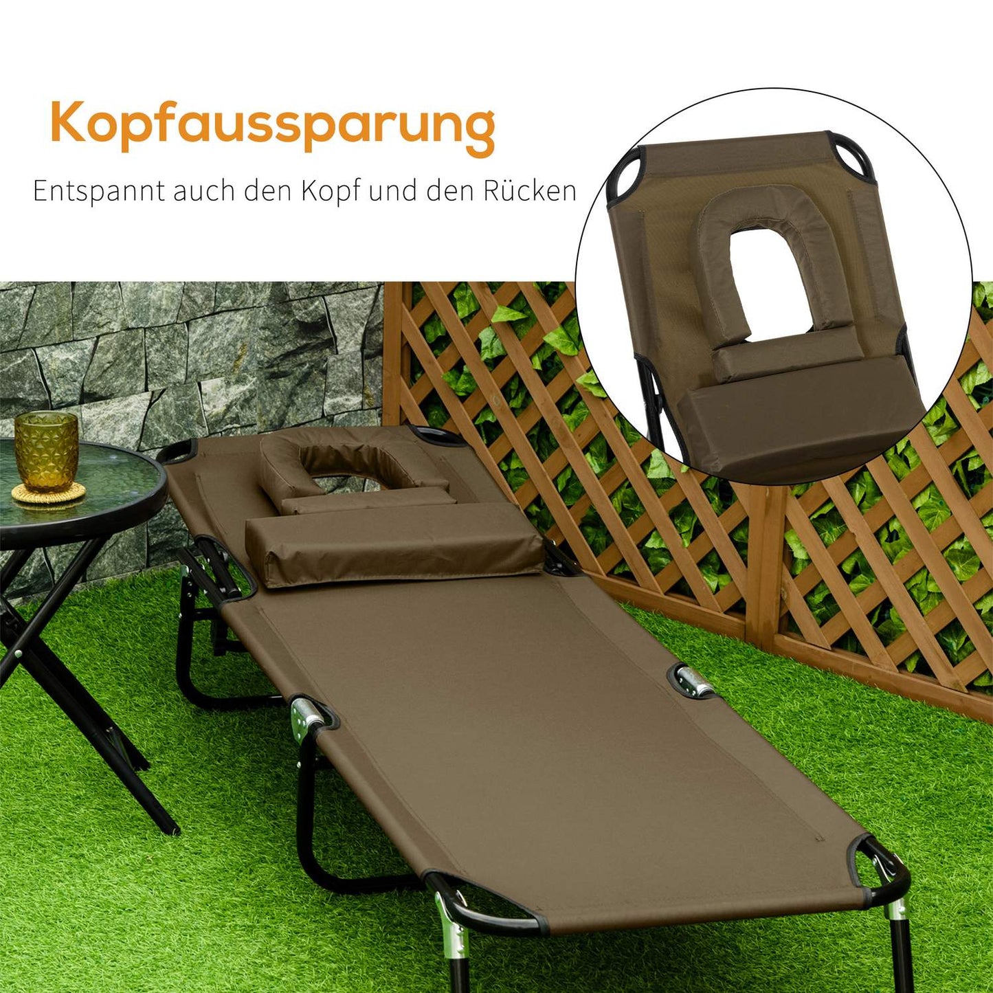 Sun lounger with reading window and face opening, brown