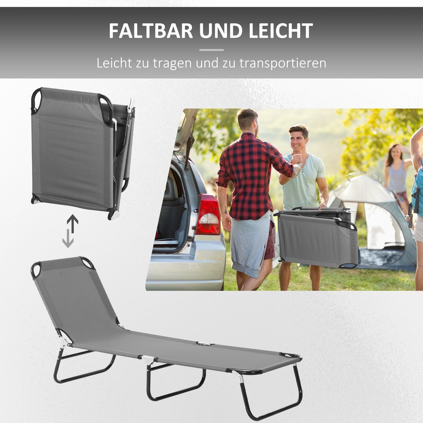 Adjustable sun lounger in steel - Grey, 188 x 56 x 28 cm
