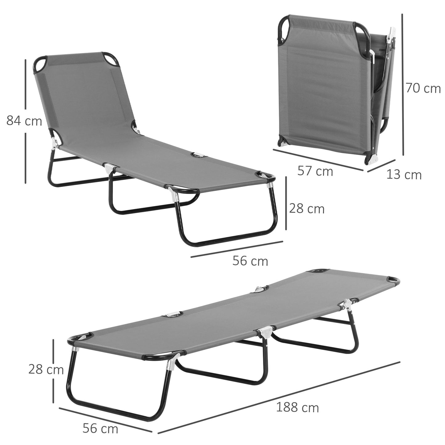 Adjustable sun lounger in steel - Grey, 188 x 56 x 28 cm