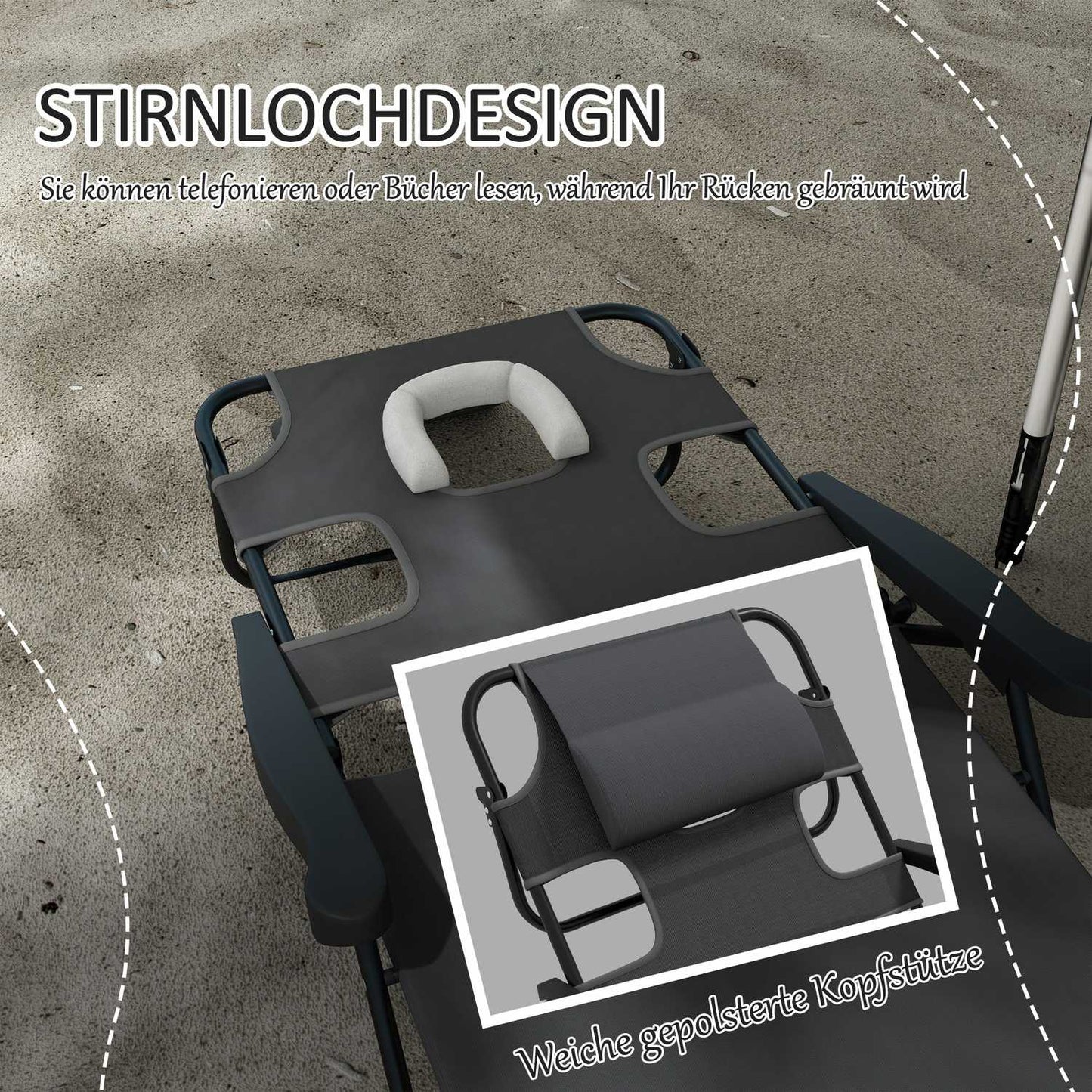 Adjustable sun lounger with cushion - dark gray mesh