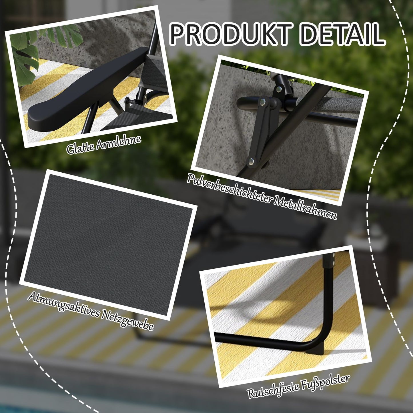 Adjustable sun lounger with cushion - dark gray mesh
