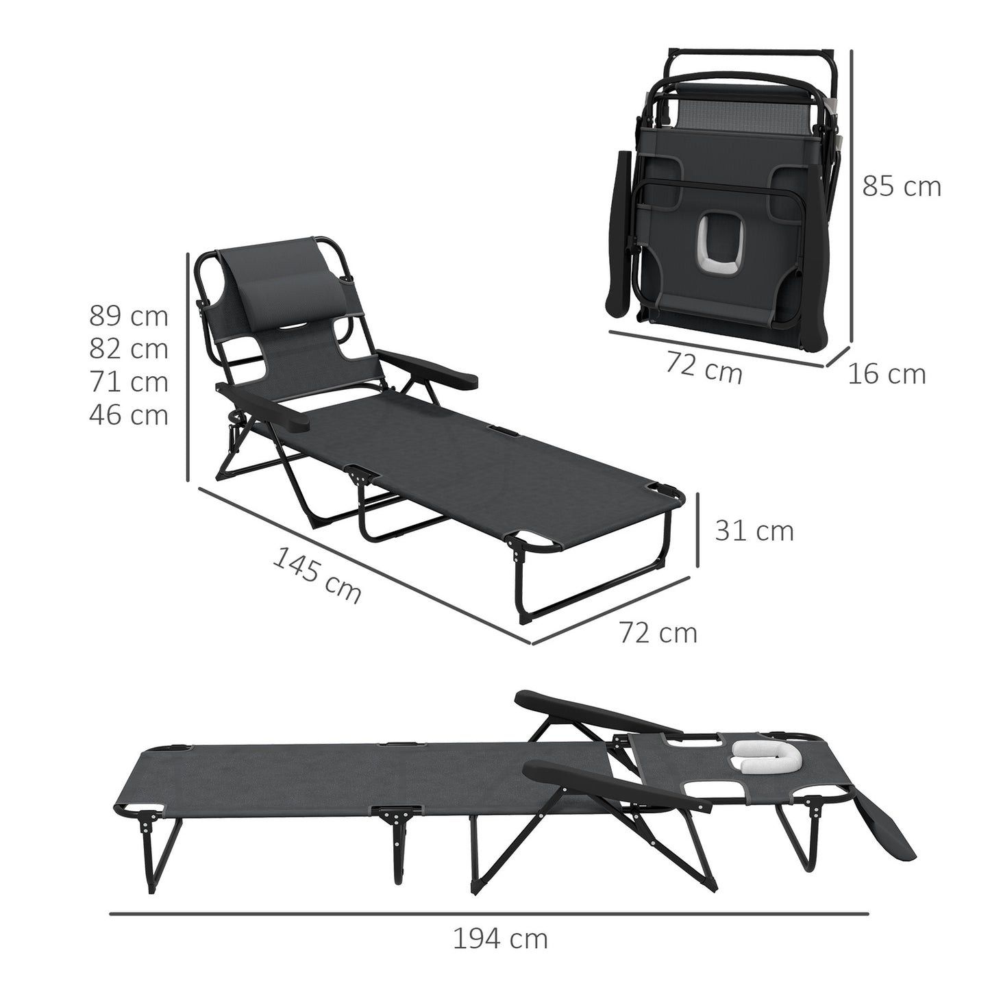 Adjustable sun lounger with cushion - dark gray mesh