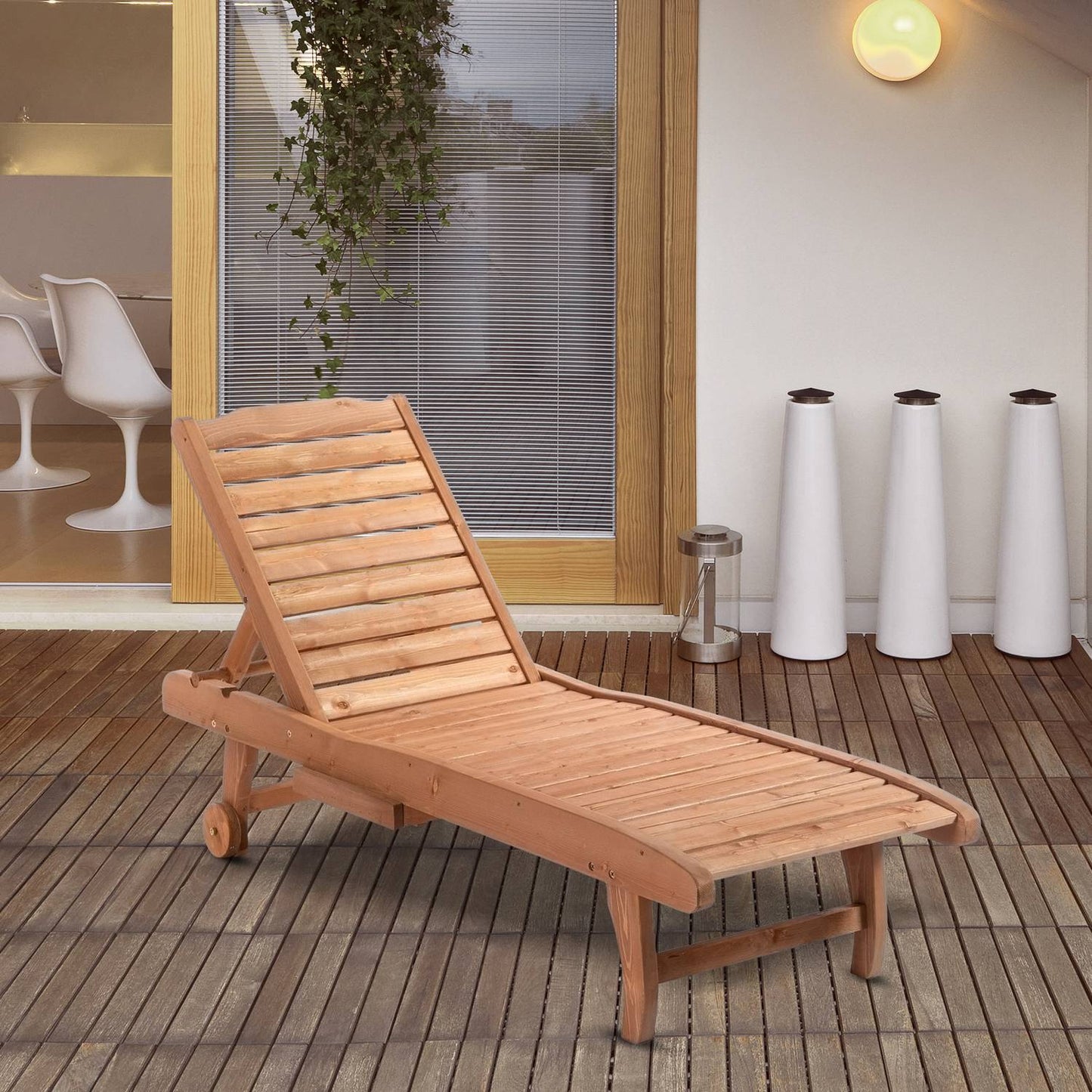 Folding Fir Wood Sun Lounger, Mobile & Portable – Brown/Red