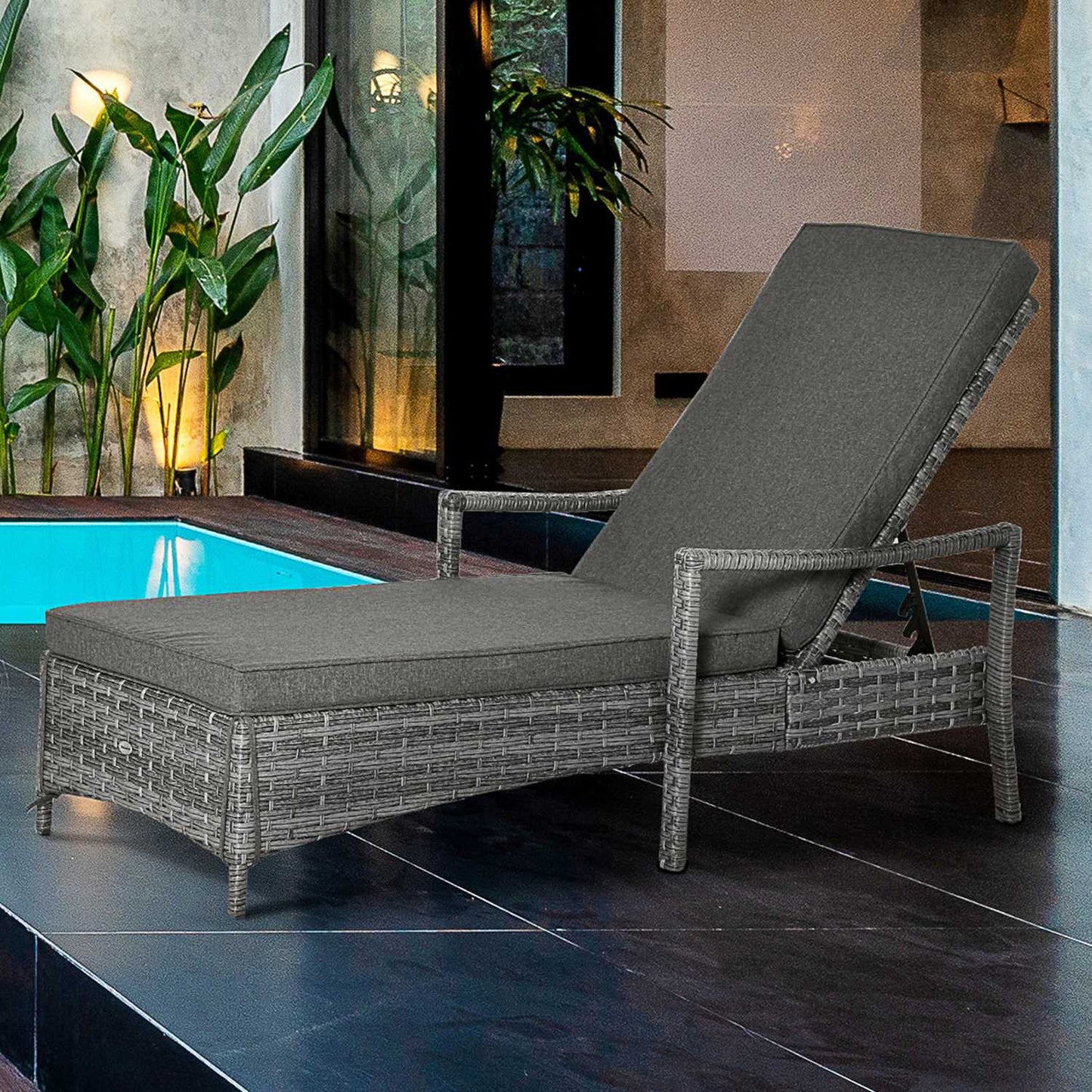 Adjustable rattan garden chair with cushion, Grey, 192 cm