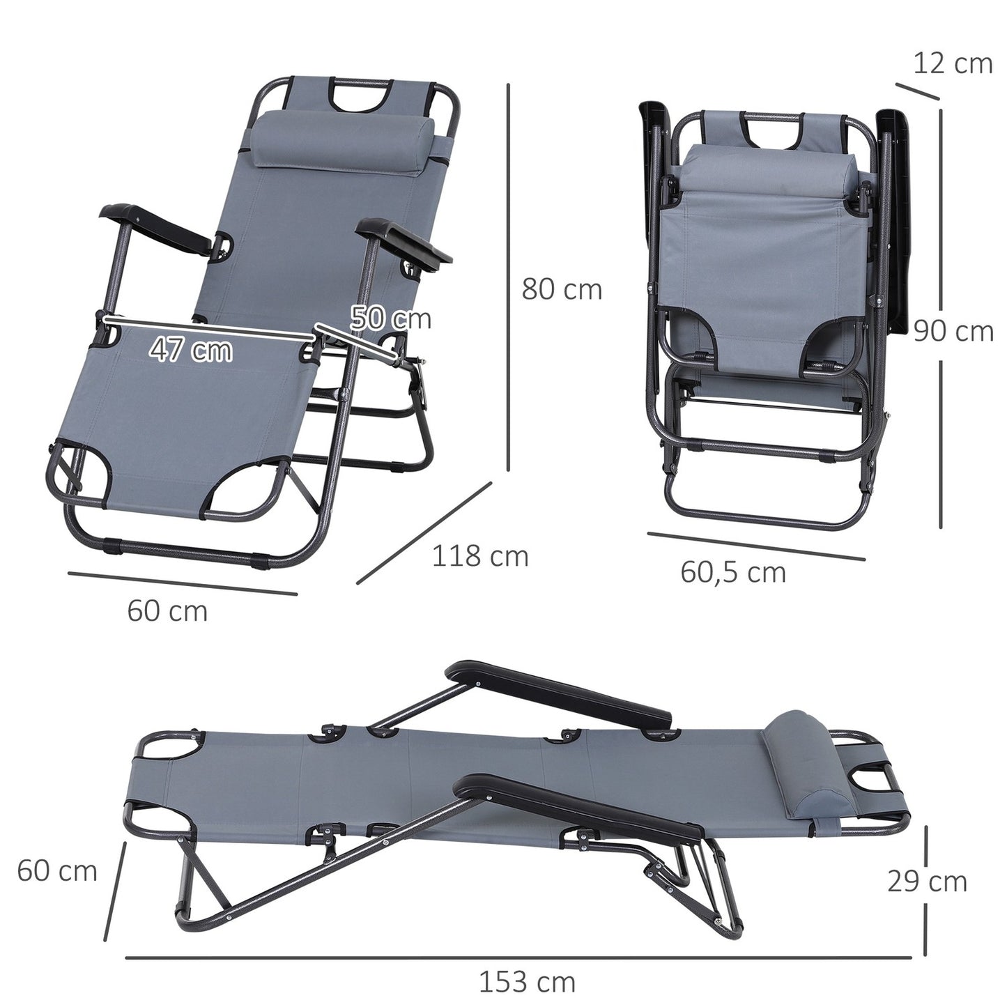 Folding sun lounger with cushion, metal & Oxford fabric, grey