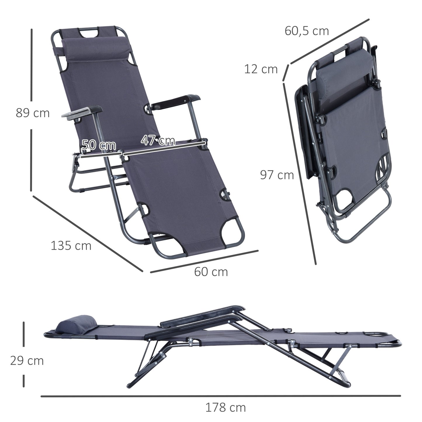 Folding sun lounger with cushion - metal & Oxford fabric