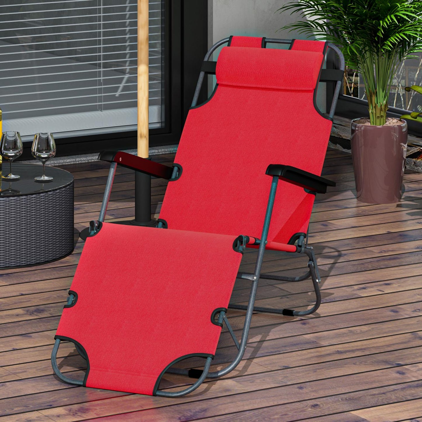 Folding sun lounger with cushion, metal frame, red fabric